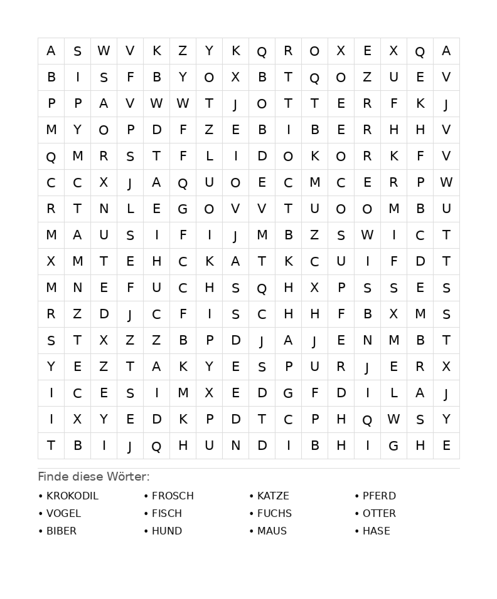 Wortsuchrätsel Wortsuchrätsel: Tiere für Teenager aus der Kategorie Wortsuchrätsel - kostenlos ausdrucken