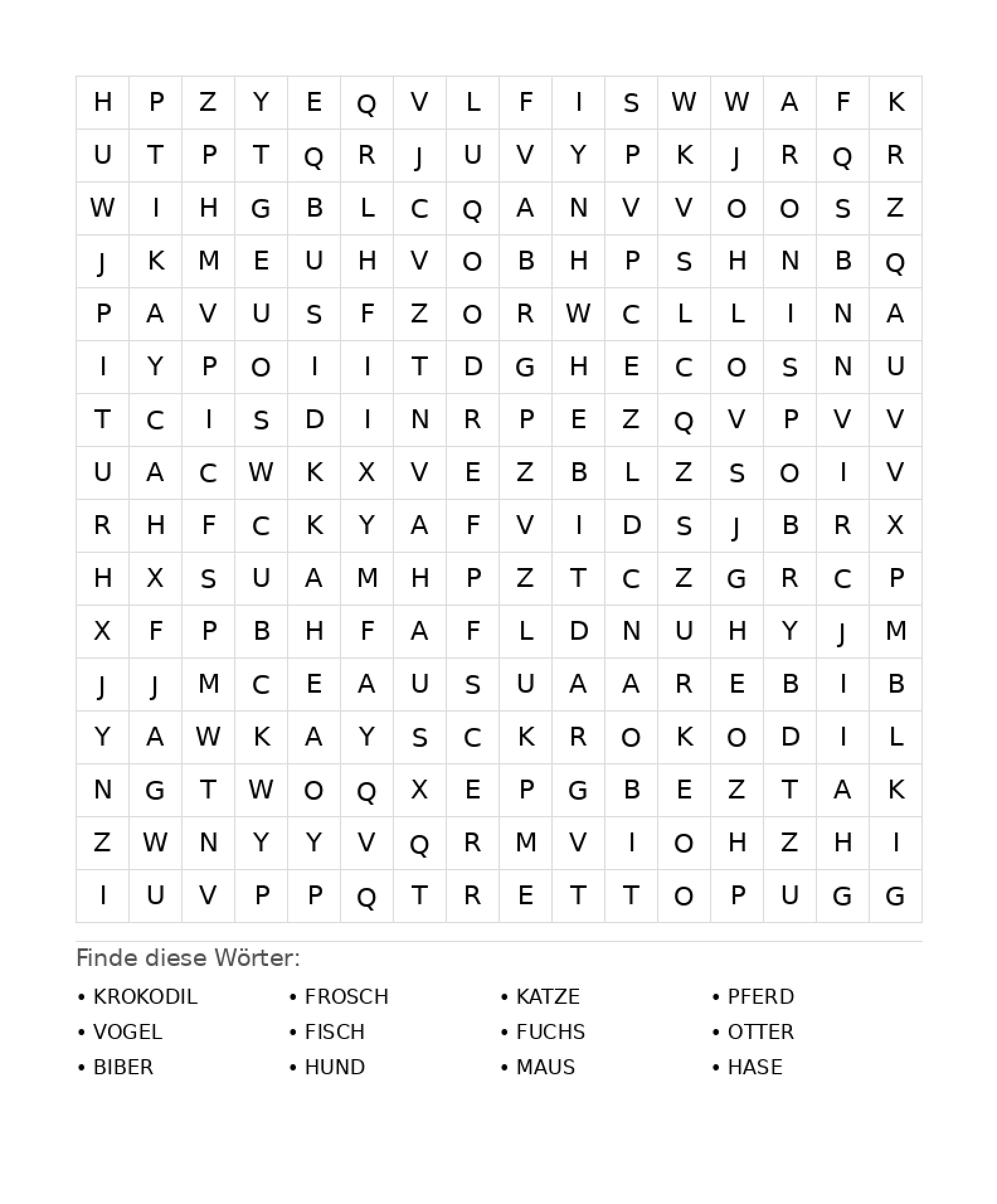 Wortsuchrätsel Wortsuchrätsel: Tiere für Teenager aus der Kategorie Wortsuchrätsel - kostenlos ausdrucken