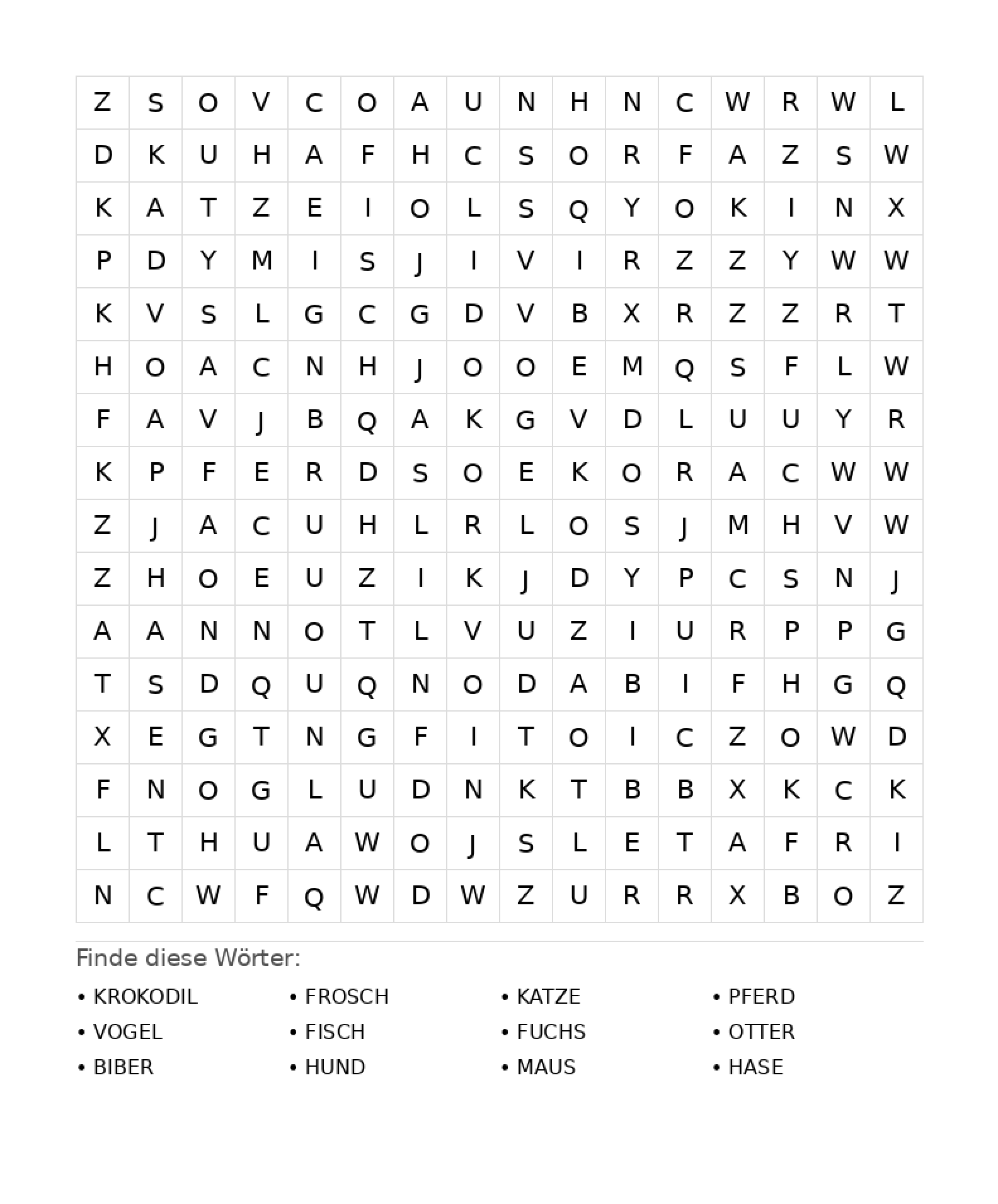 Wortsuchrätsel Wortsuchrätsel: Tiere für Teenager aus der Kategorie Wortsuchrätsel - kostenlos ausdrucken