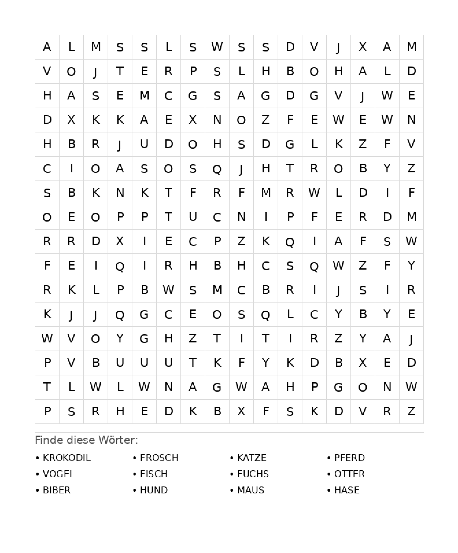 Wortsuchrätsel Wortsuchrätsel: Tiere für Teenager aus der Kategorie Wortsuchrätsel - kostenlos ausdrucken