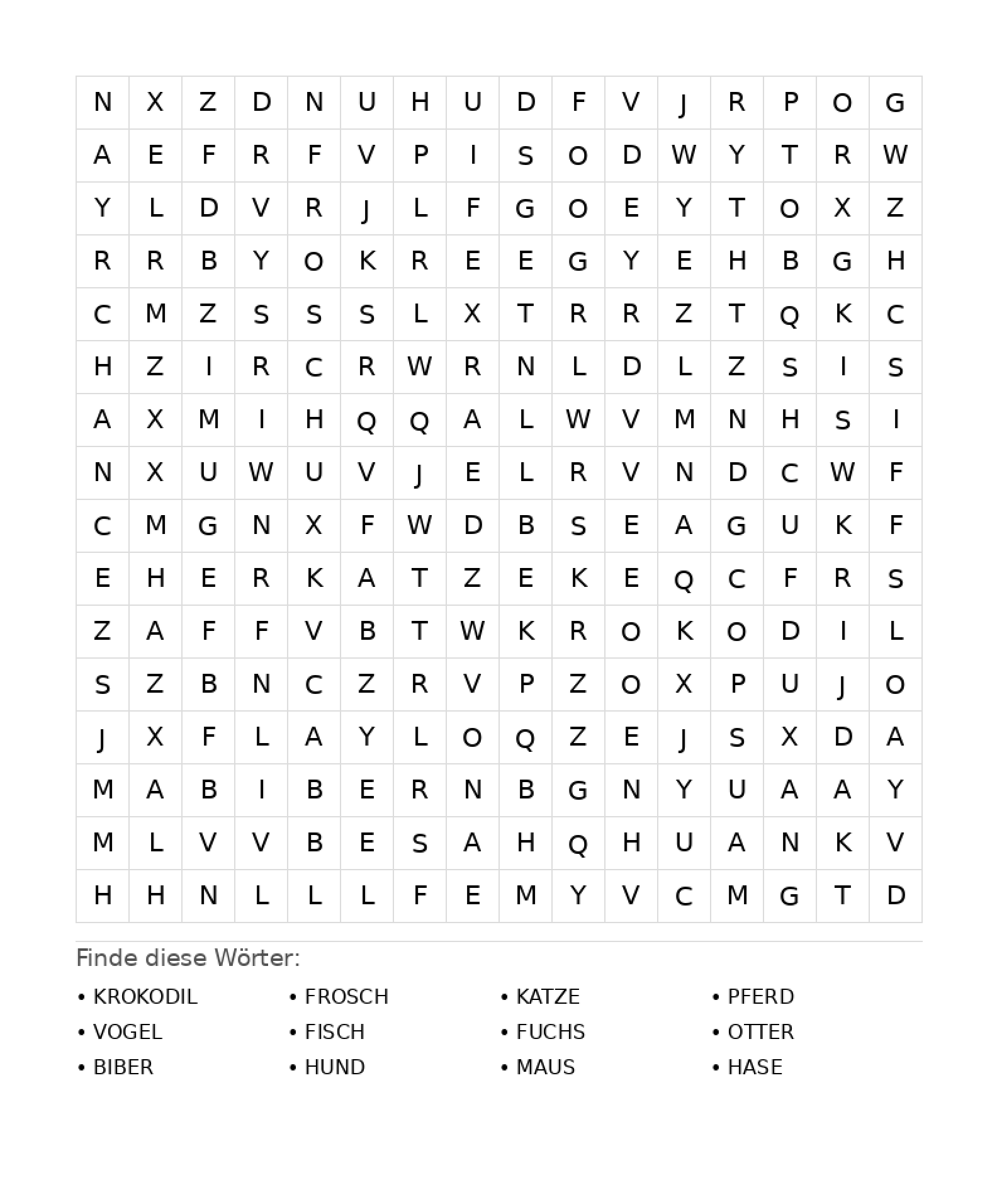 Wortsuchrätsel Wortsuchrätsel: Tiere für Teenager aus der Kategorie Wortsuchrätsel - kostenlos ausdrucken