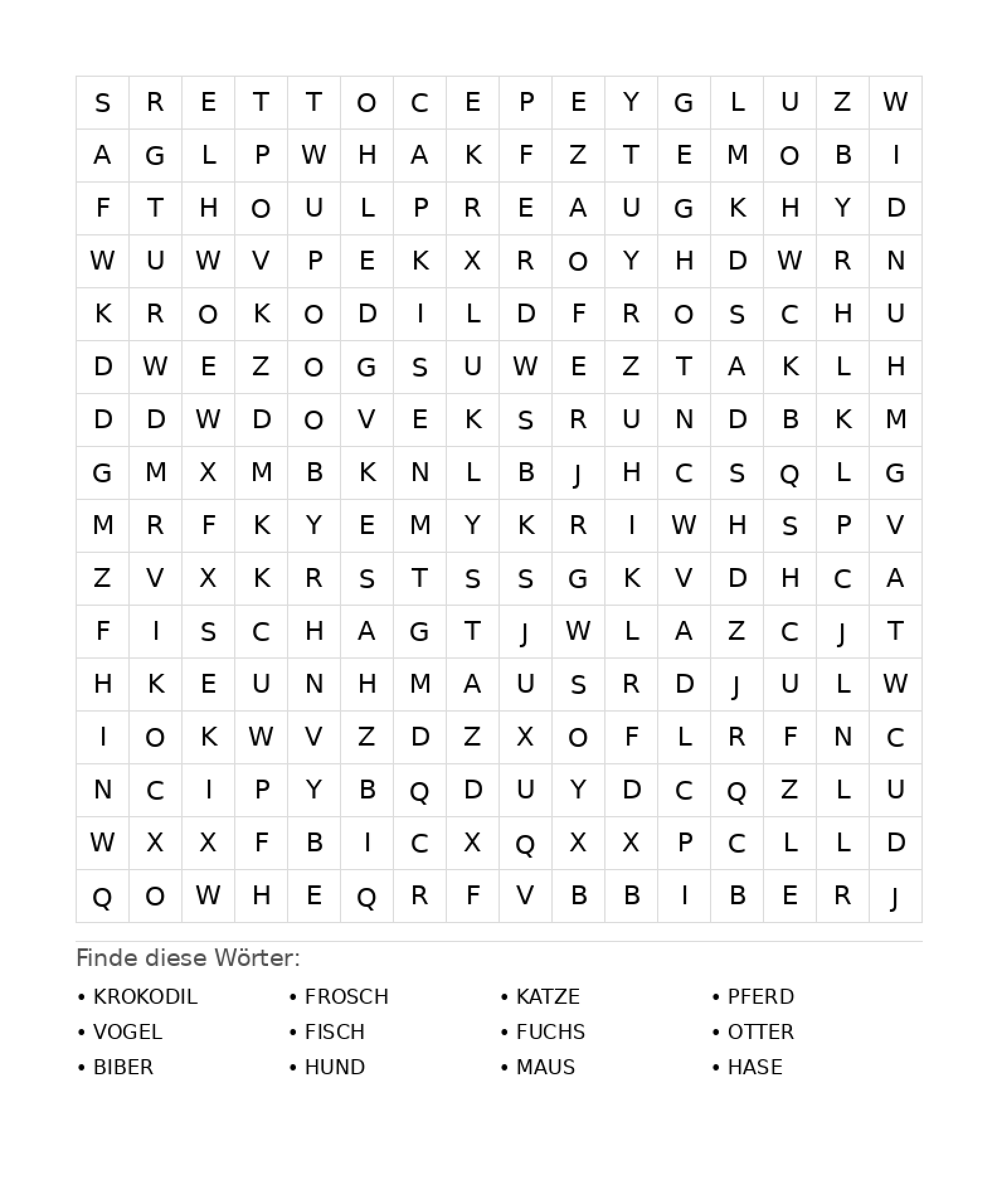 Wortsuchrätsel Wortsuchrätsel: Tiere für Teenager aus der Kategorie Wortsuchrätsel - kostenlos ausdrucken