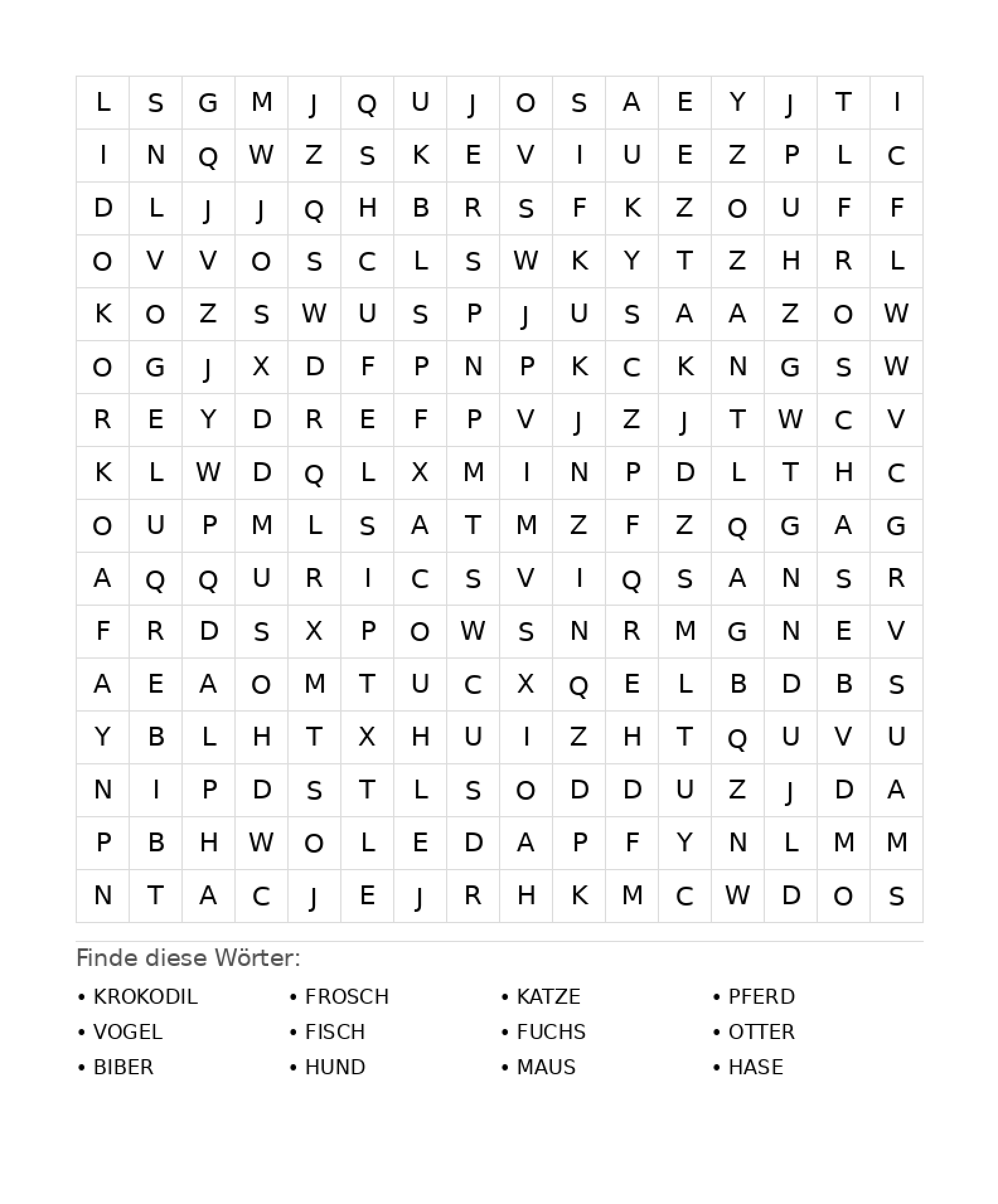 Wortsuchrätsel Wortsuchrätsel: Tiere für Teenager aus der Kategorie Wortsuchrätsel - kostenlos ausdrucken