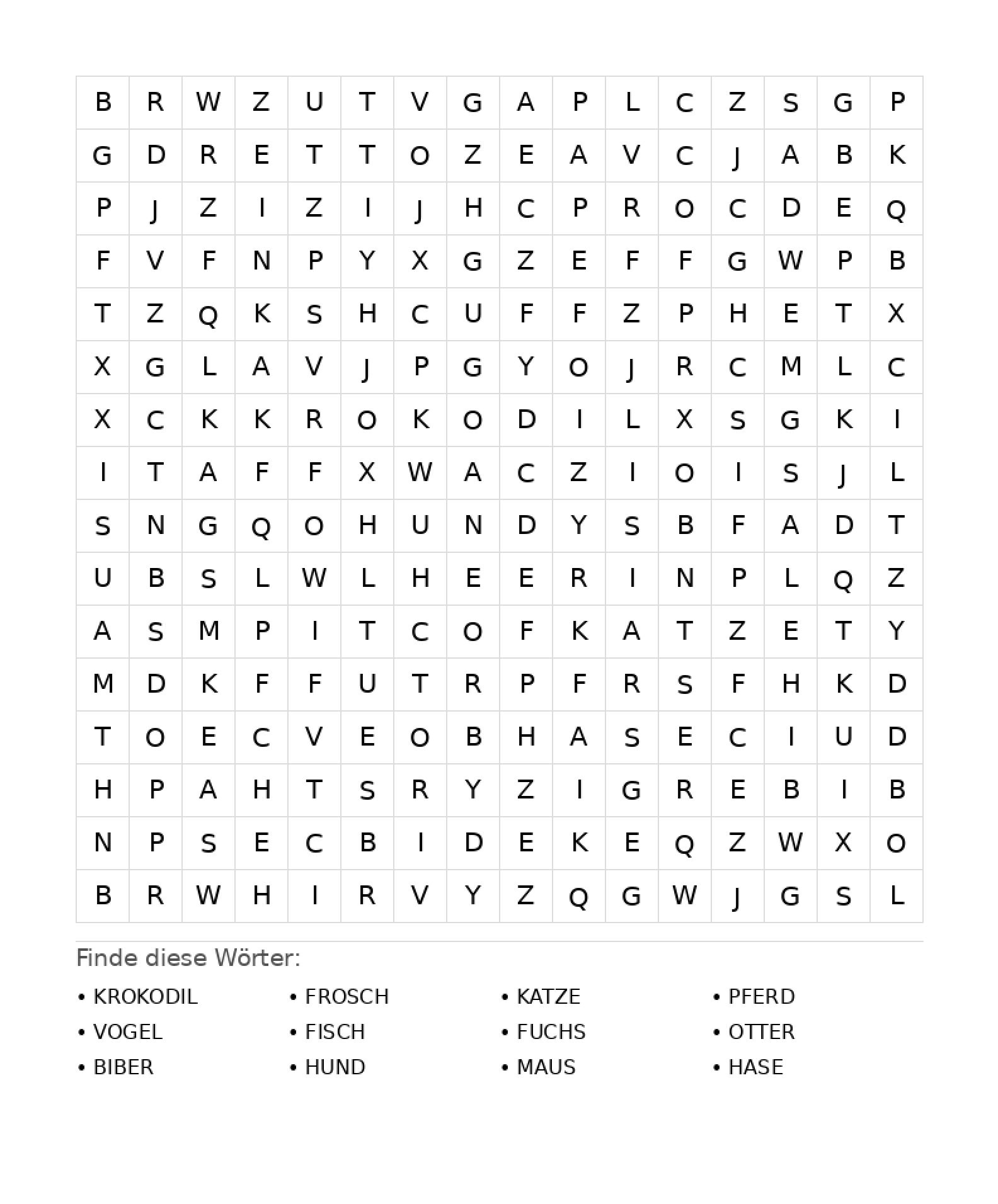 Wortsuchrätsel Wortsuchrätsel: Tiere für Teenager aus der Kategorie Wortsuchrätsel - kostenlos ausdrucken