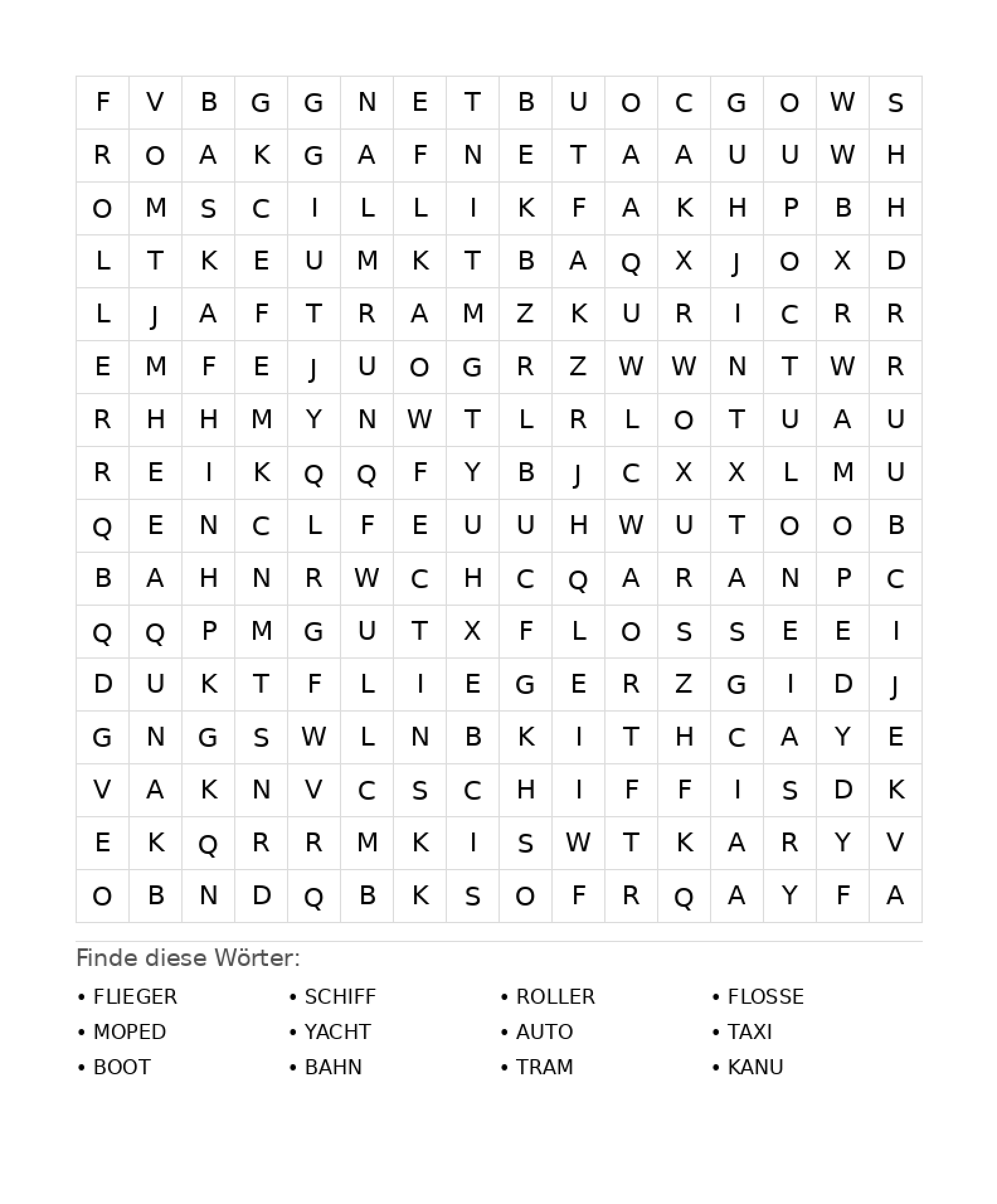 Wortsuchrätsel Wortsuchrätsel: Fahrzeuge für Teenager aus der Kategorie Wortsuchrätsel - kostenlos ausdrucken