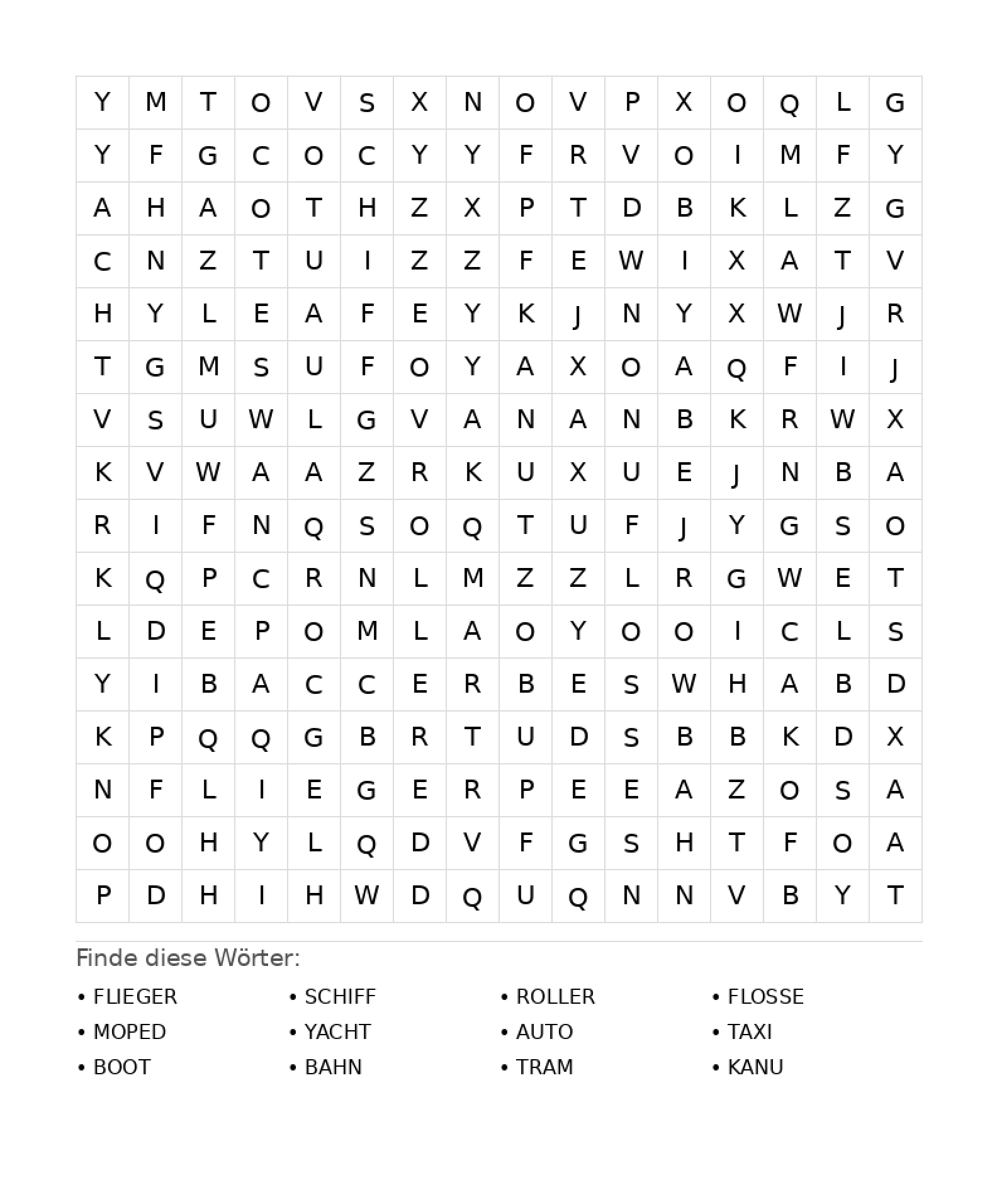 Wortsuchrätsel Wortsuchrätsel: Fahrzeuge für Teenager aus der Kategorie Wortsuchrätsel - kostenlos ausdrucken