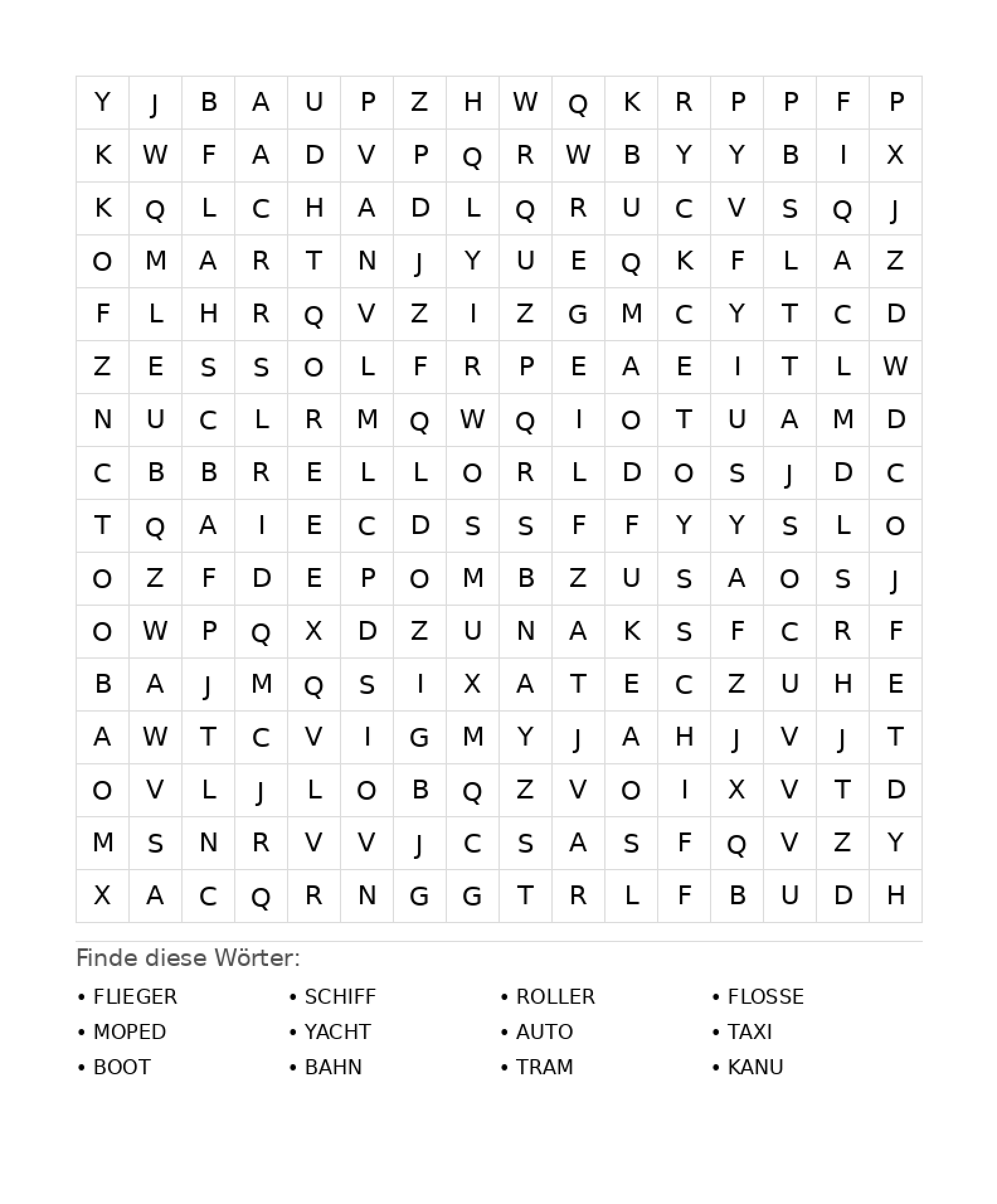 Wortsuchrätsel Wortsuchrätsel: Fahrzeuge für Teenager aus der Kategorie Wortsuchrätsel - kostenlos ausdrucken