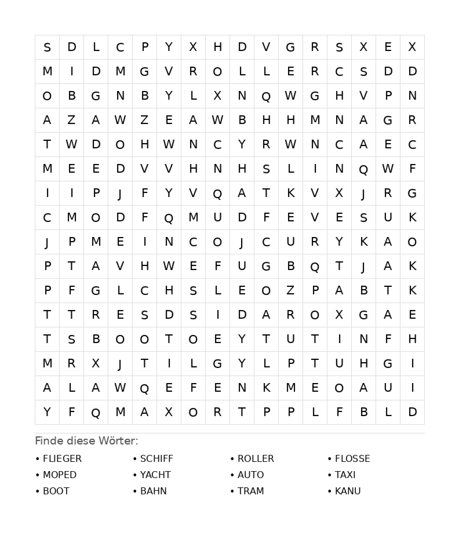 Wortsuchrätsel Wortsuchrätsel: Fahrzeuge für Teenager aus der Kategorie Wortsuchrätsel - kostenlos ausdrucken