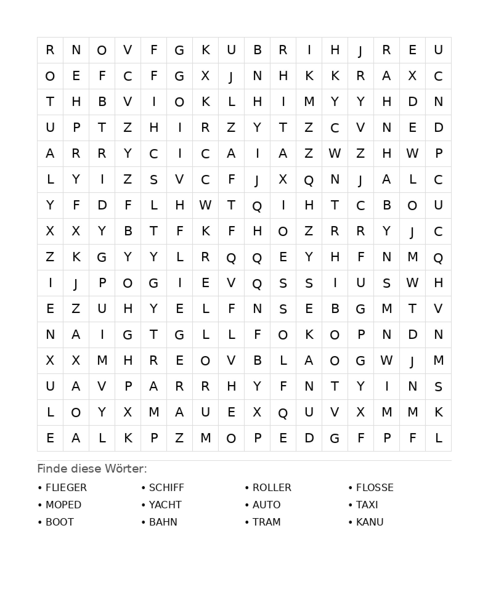 Wortsuchrätsel Wortsuchrätsel: Fahrzeuge für Teenager aus der Kategorie Wortsuchrätsel - kostenlos ausdrucken