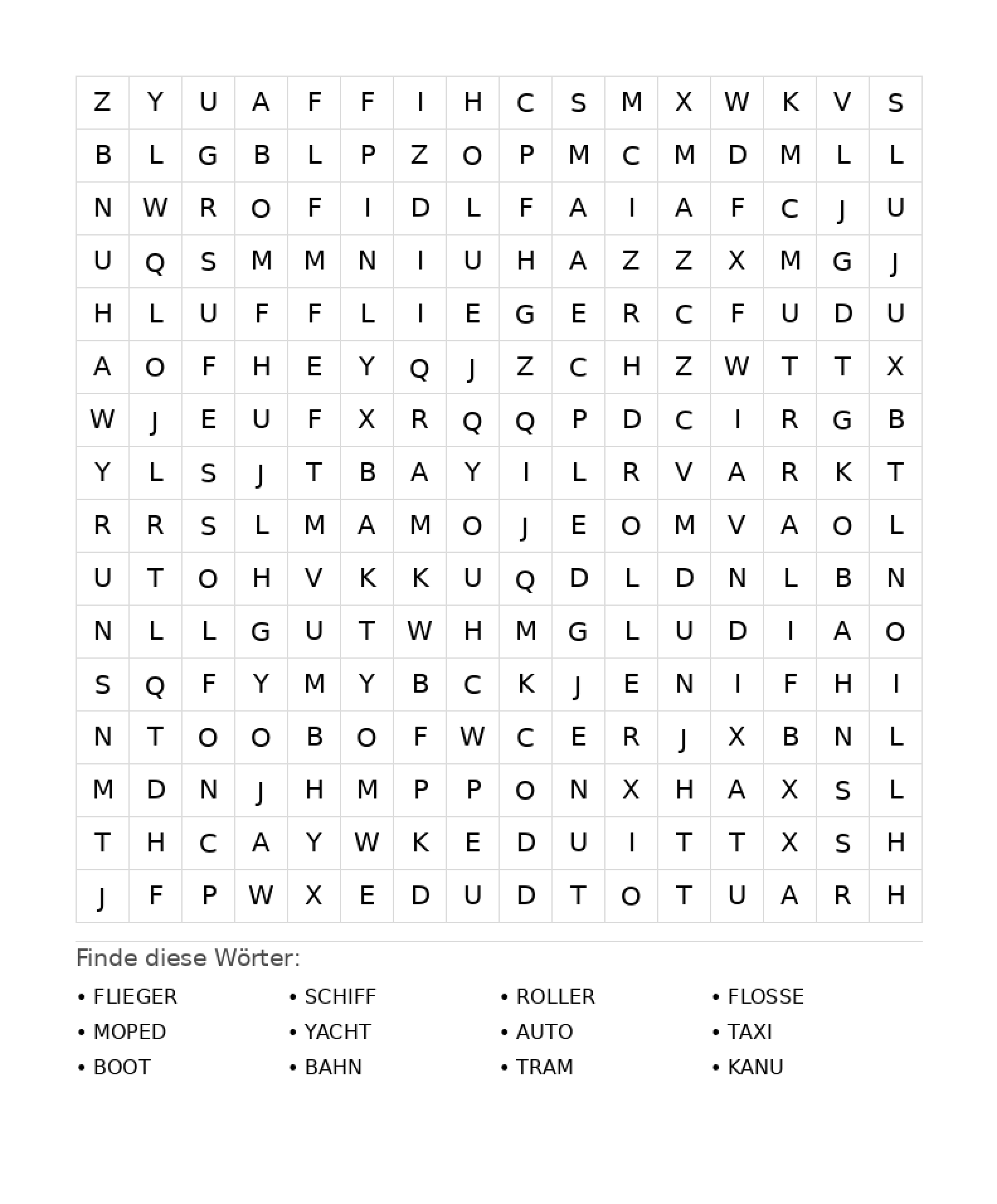Wortsuchrätsel Wortsuchrätsel: Fahrzeuge für Teenager aus der Kategorie Wortsuchrätsel - kostenlos ausdrucken
