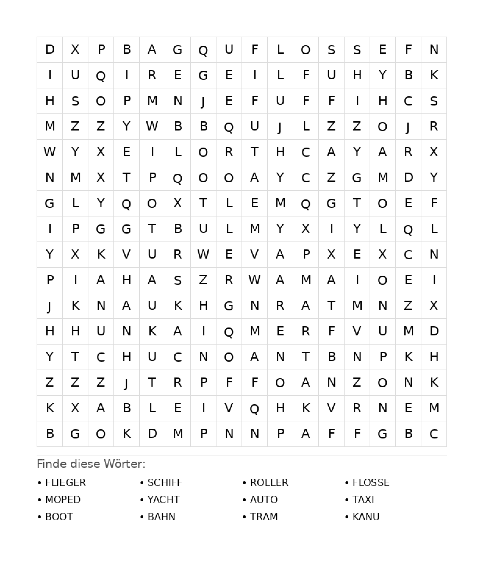Wortsuchrätsel Wortsuchrätsel: Fahrzeuge für Teenager aus der Kategorie Wortsuchrätsel - kostenlos ausdrucken
