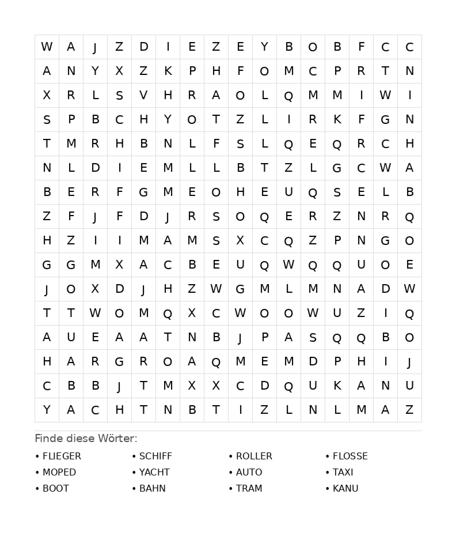 Wortsuchrätsel Wortsuchrätsel: Fahrzeuge für Teenager aus der Kategorie Wortsuchrätsel - kostenlos ausdrucken