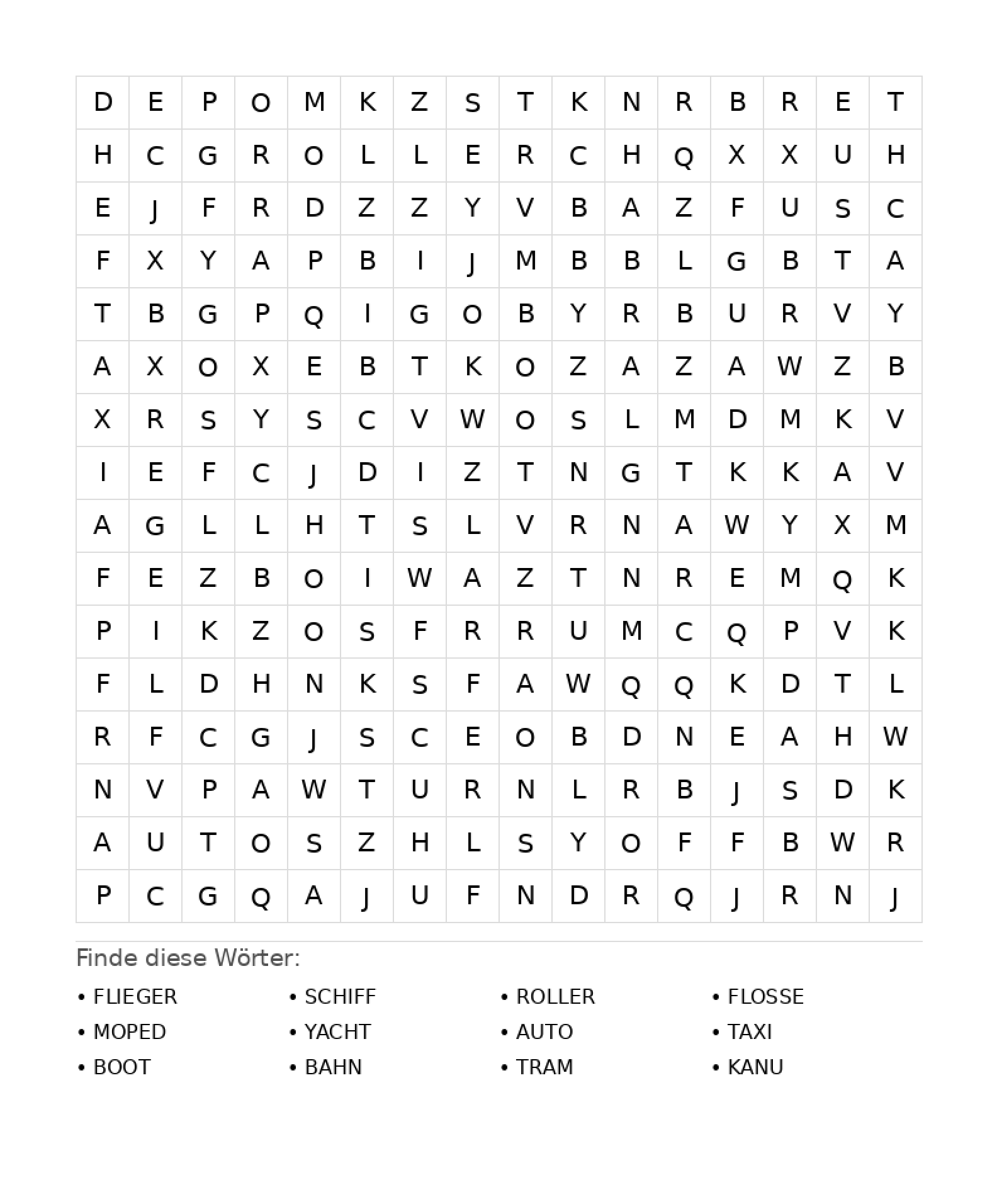 Wortsuchrätsel Wortsuchrätsel: Fahrzeuge für Teenager aus der Kategorie Wortsuchrätsel - kostenlos ausdrucken