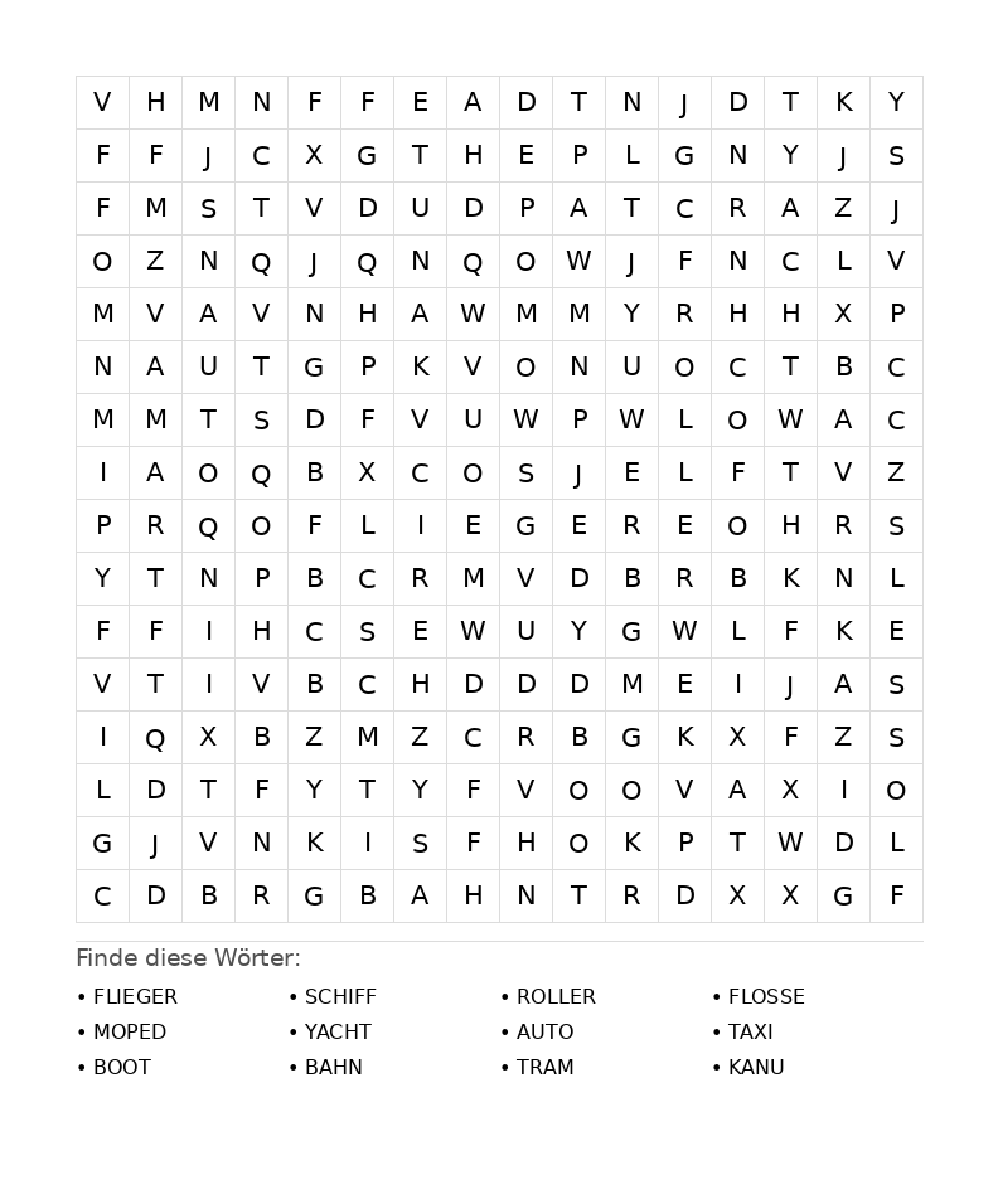 Wortsuchrätsel Wortsuchrätsel: Fahrzeuge für Teenager aus der Kategorie Wortsuchrätsel - kostenlos ausdrucken