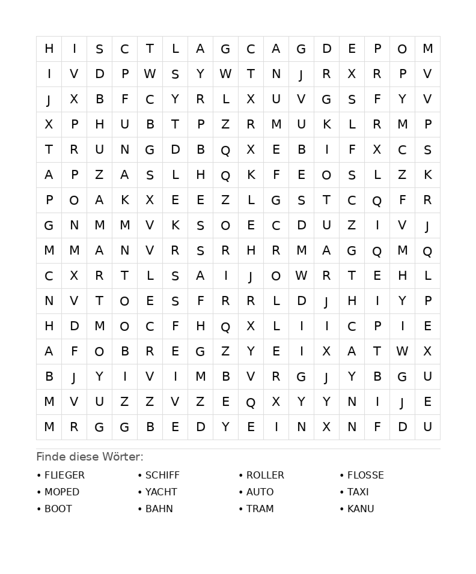 Wortsuchrätsel Wortsuchrätsel: Fahrzeuge für Teenager aus der Kategorie Wortsuchrätsel - kostenlos ausdrucken