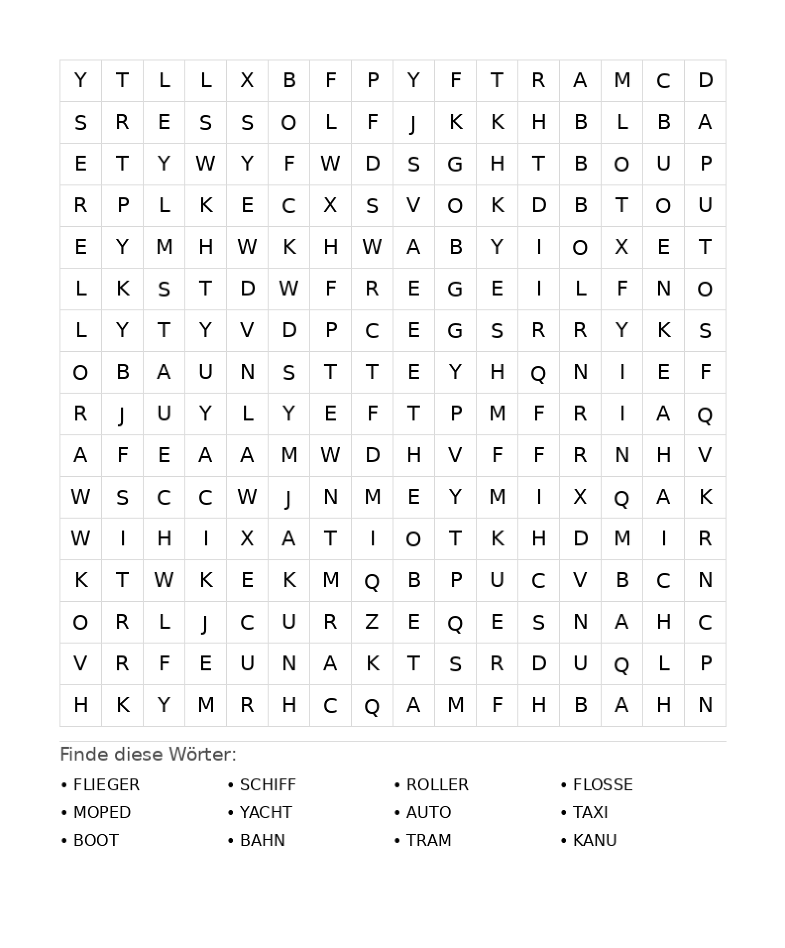 Wortsuchrätsel Wortsuchrätsel: Fahrzeuge für Teenager aus der Kategorie Wortsuchrätsel - kostenlos ausdrucken