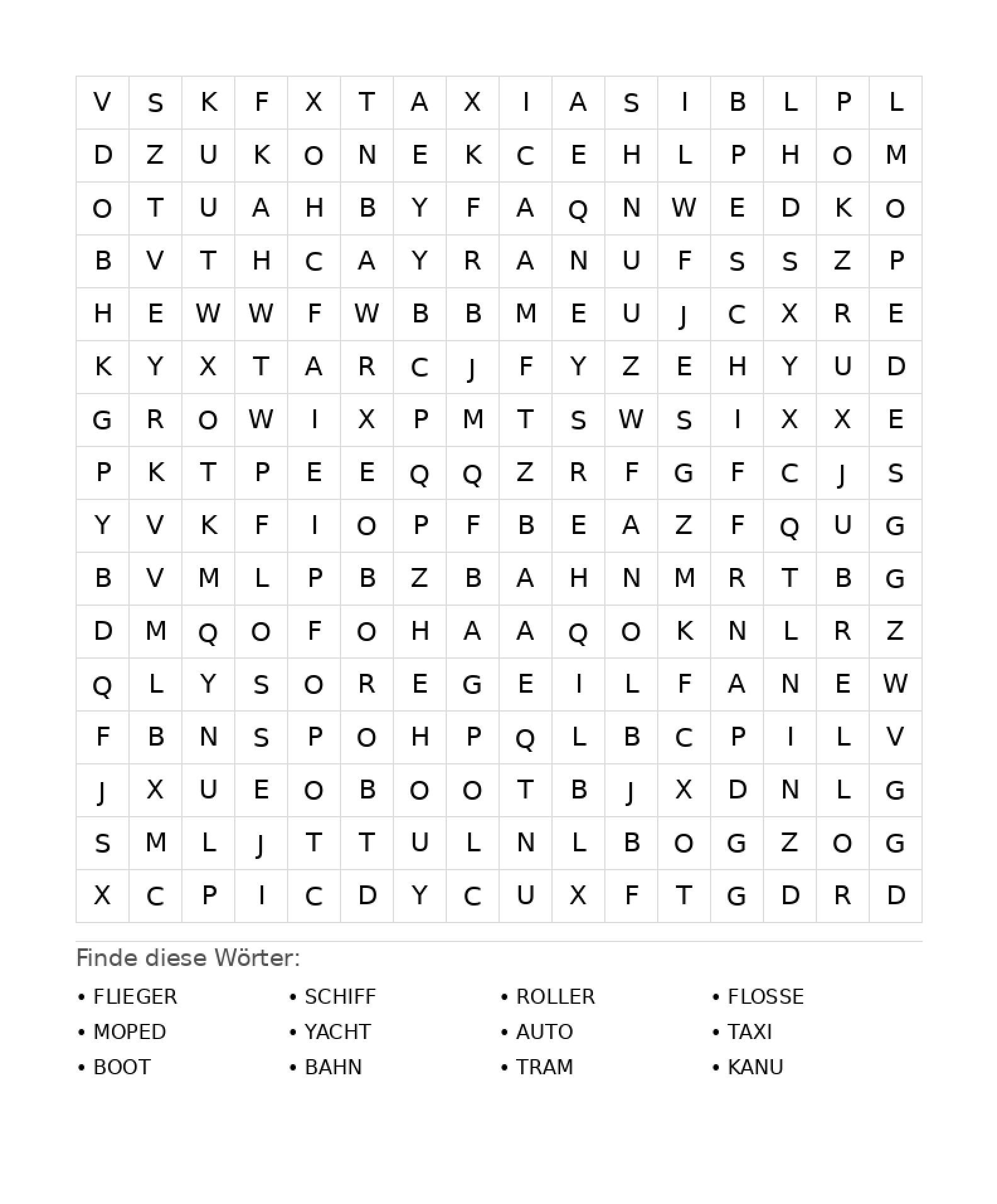 Wortsuchrätsel Wortsuchrätsel: Fahrzeuge für Teenager aus der Kategorie Wortsuchrätsel - kostenlos ausdrucken