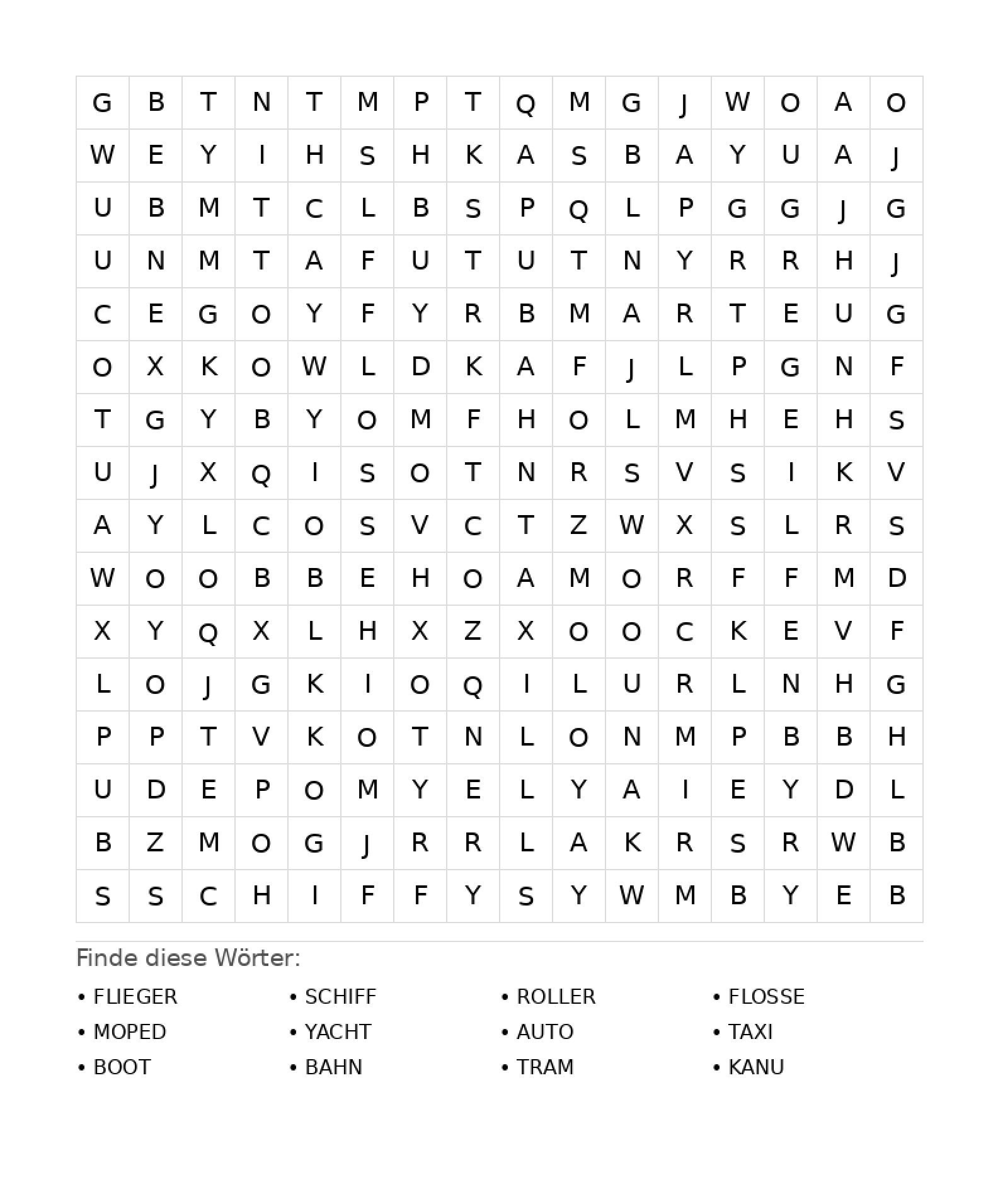 Wortsuchrätsel Wortsuchrätsel: Fahrzeuge für Teenager aus der Kategorie Wortsuchrätsel - kostenlos ausdrucken