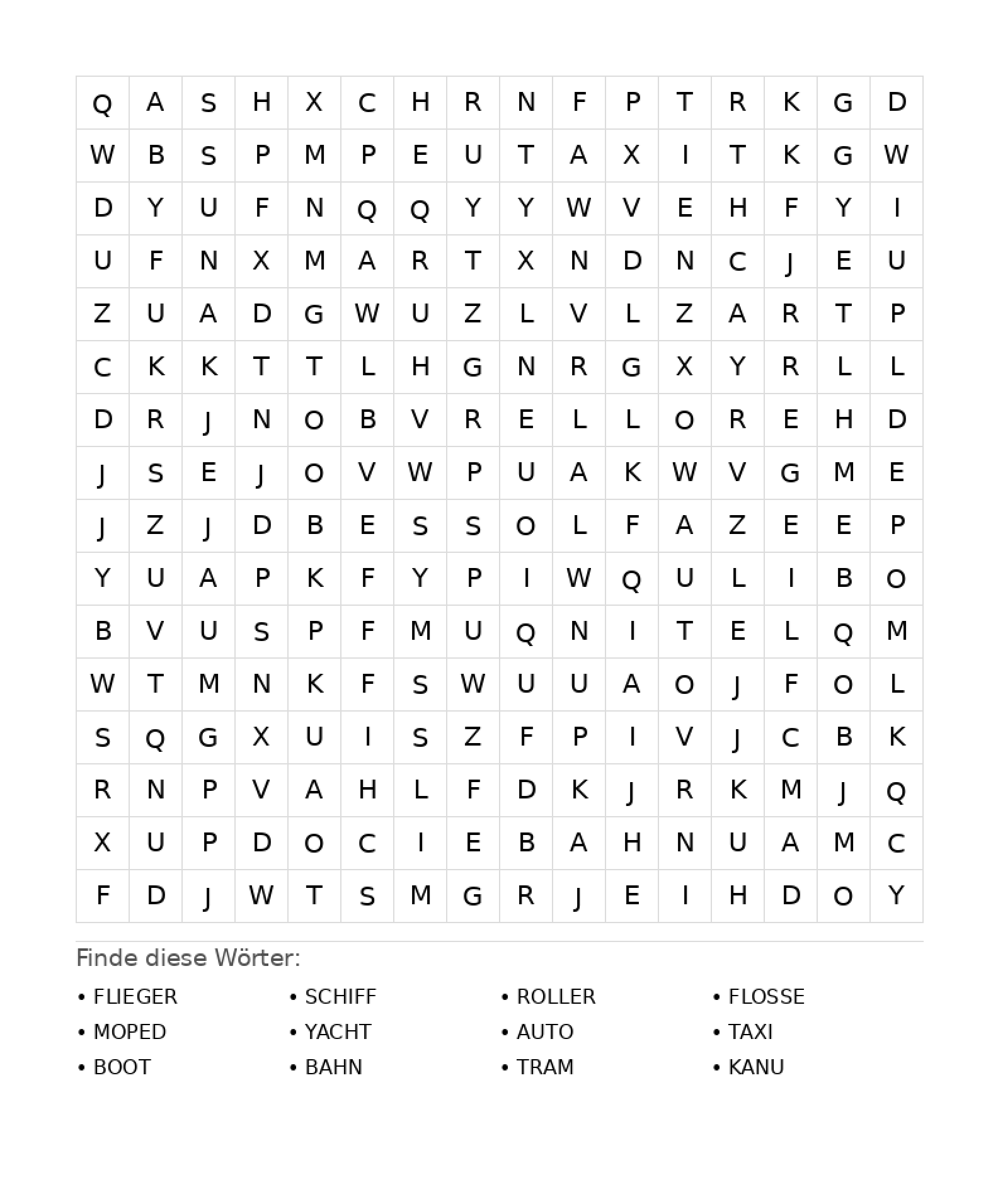 Wortsuchrätsel Wortsuchrätsel: Fahrzeuge für Teenager aus der Kategorie Wortsuchrätsel - kostenlos ausdrucken