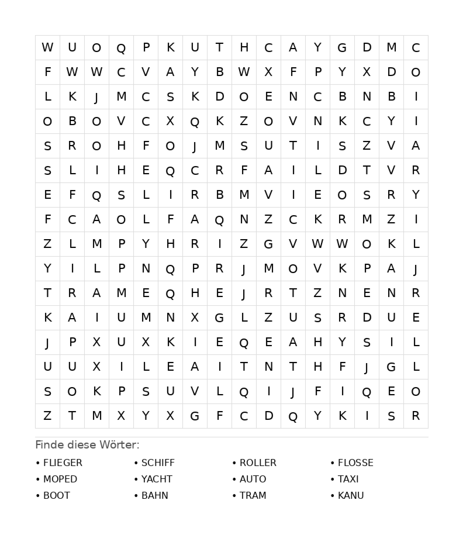 Wortsuchrätsel Wortsuchrätsel: Fahrzeuge für Teenager aus der Kategorie Wortsuchrätsel - kostenlos ausdrucken