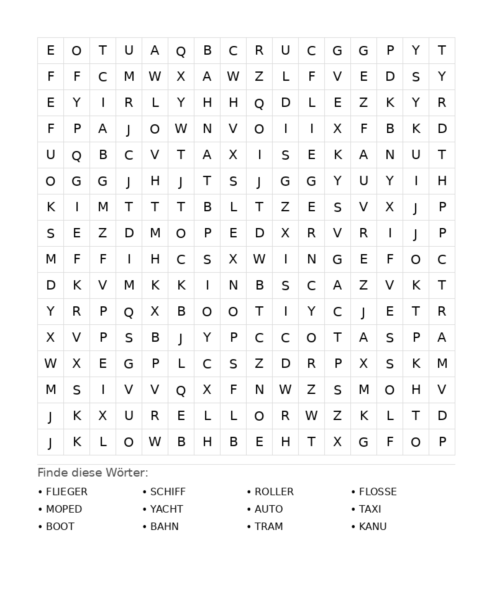Wortsuchrätsel Wortsuchrätsel: Fahrzeuge für Teenager aus der Kategorie Wortsuchrätsel - kostenlos ausdrucken