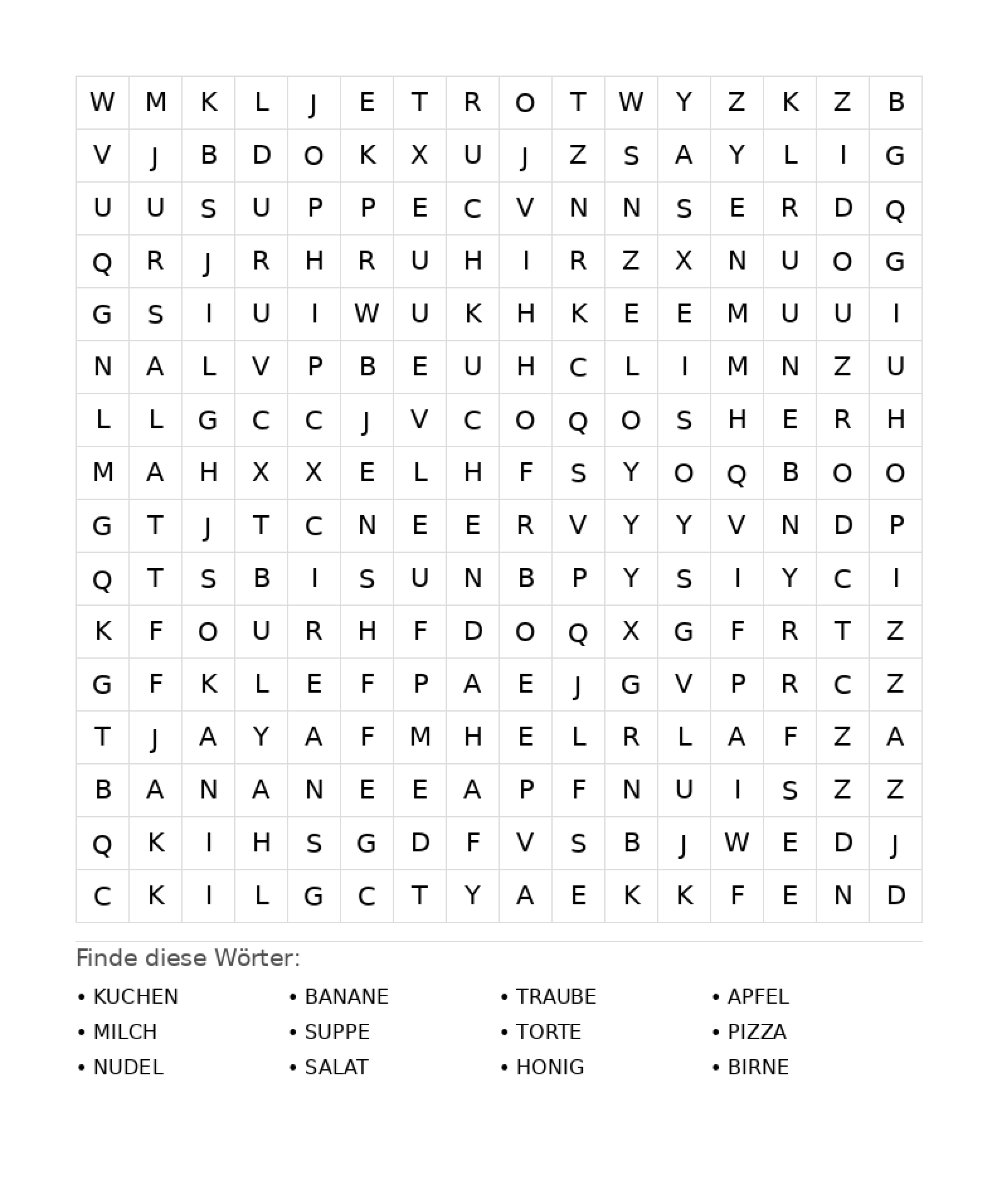 Wortsuchrätsel Wortsuchrätsel: Essen für Teenager aus der Kategorie Wortsuchrätsel - kostenlos ausdrucken