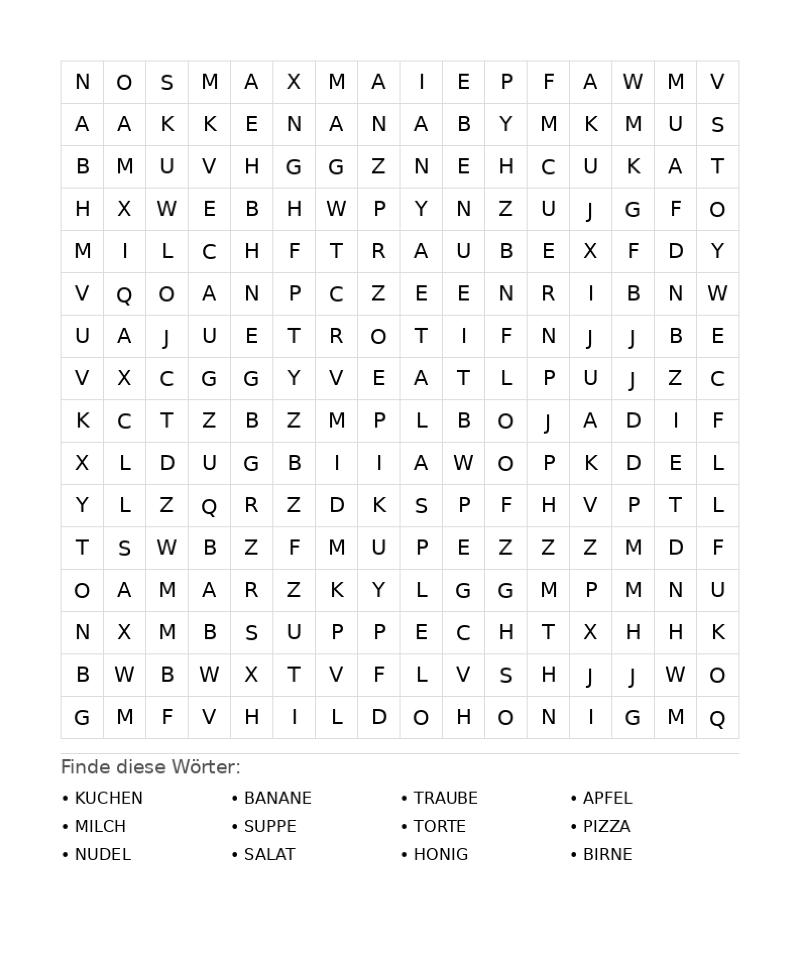Wortsuchrätsel Wortsuchrätsel: Essen für Teenager aus der Kategorie Wortsuchrätsel - kostenlos ausdrucken