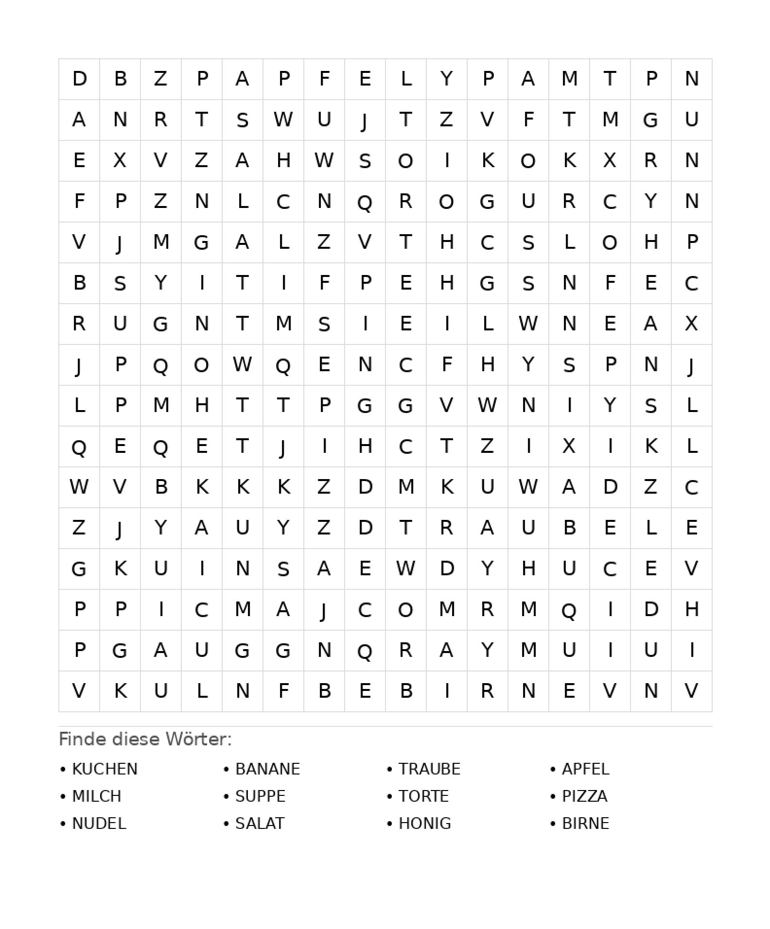 Wortsuchrätsel Wortsuchrätsel: Essen für Teenager aus der Kategorie Wortsuchrätsel - kostenlos ausdrucken