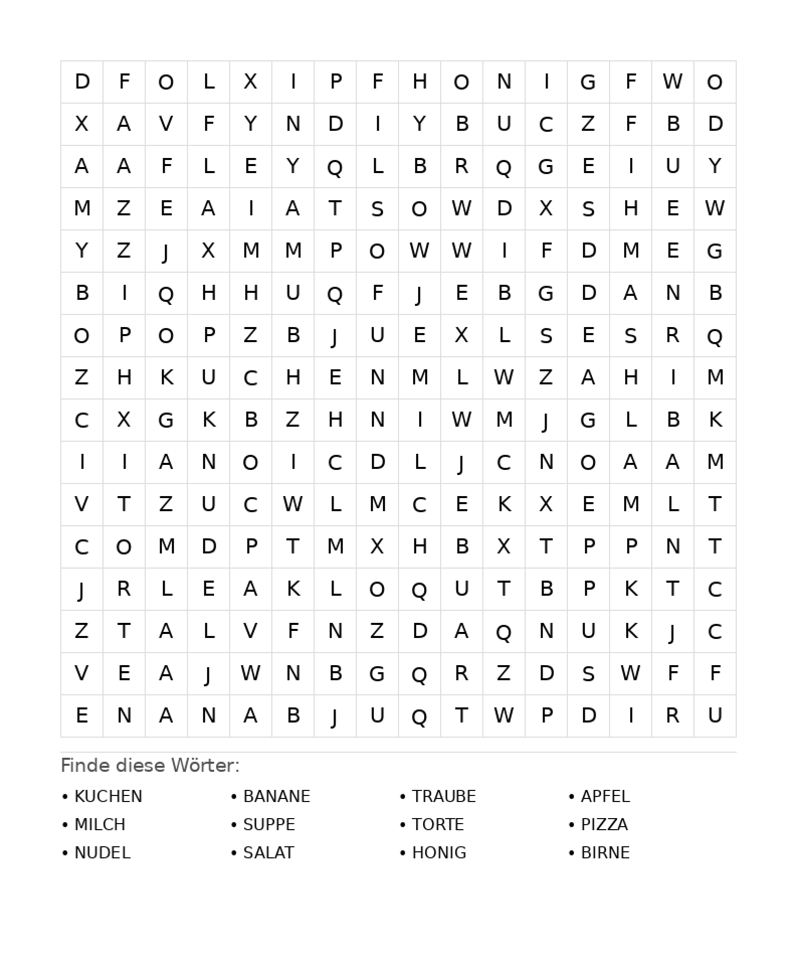 Wortsuchrätsel Wortsuchrätsel: Essen für Teenager aus der Kategorie Wortsuchrätsel - kostenlos ausdrucken