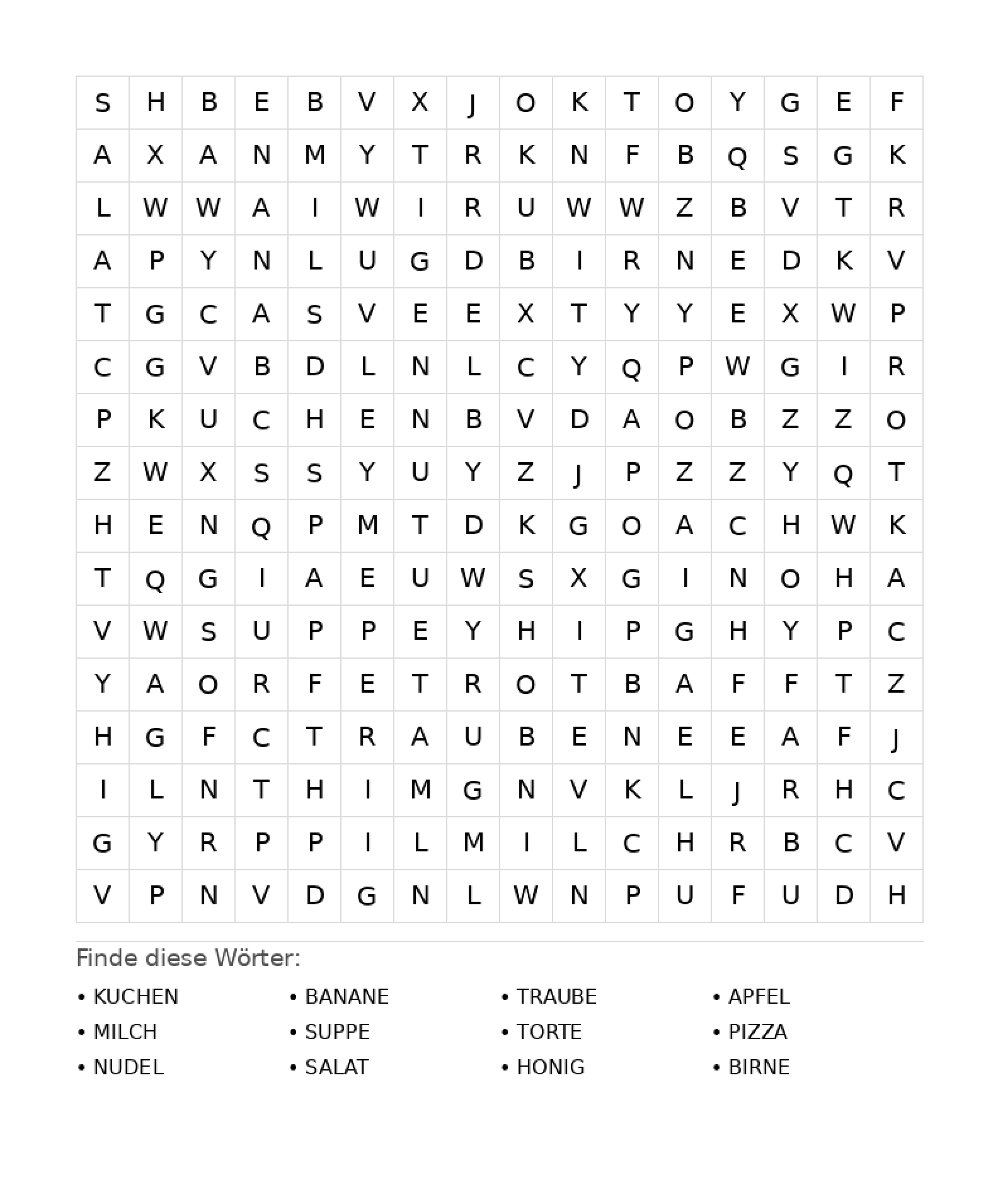 Wortsuchrätsel Wortsuchrätsel: Essen für Teenager aus der Kategorie Wortsuchrätsel - kostenlos ausdrucken
