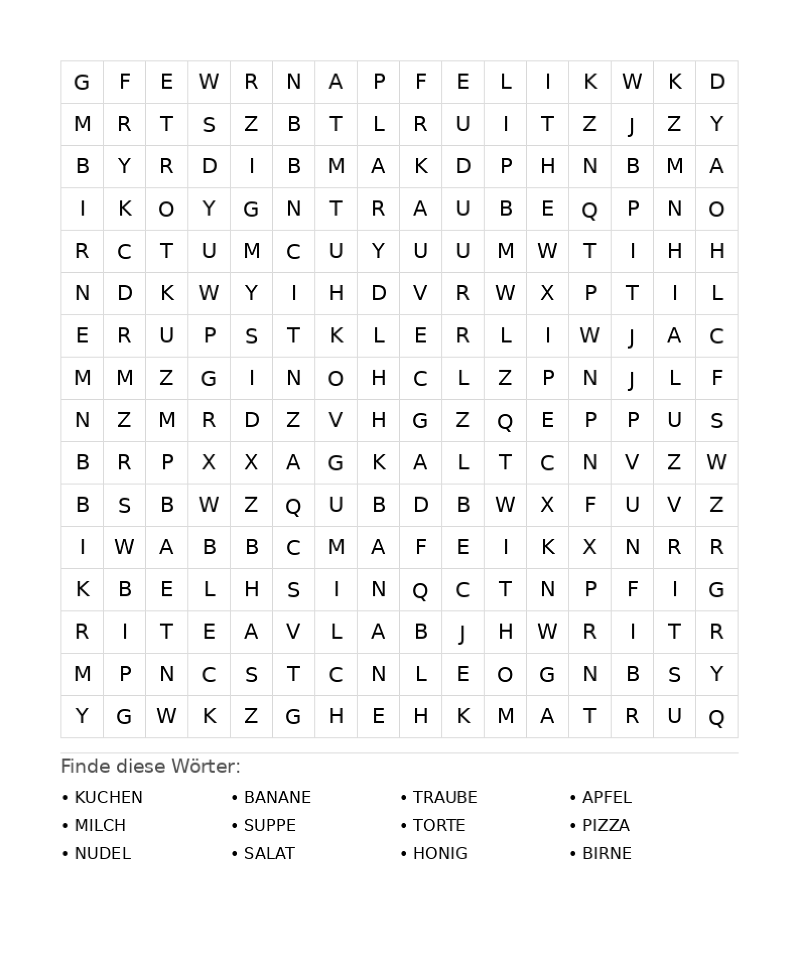 Wortsuchrätsel Wortsuchrätsel: Essen für Teenager aus der Kategorie Wortsuchrätsel - kostenlos ausdrucken