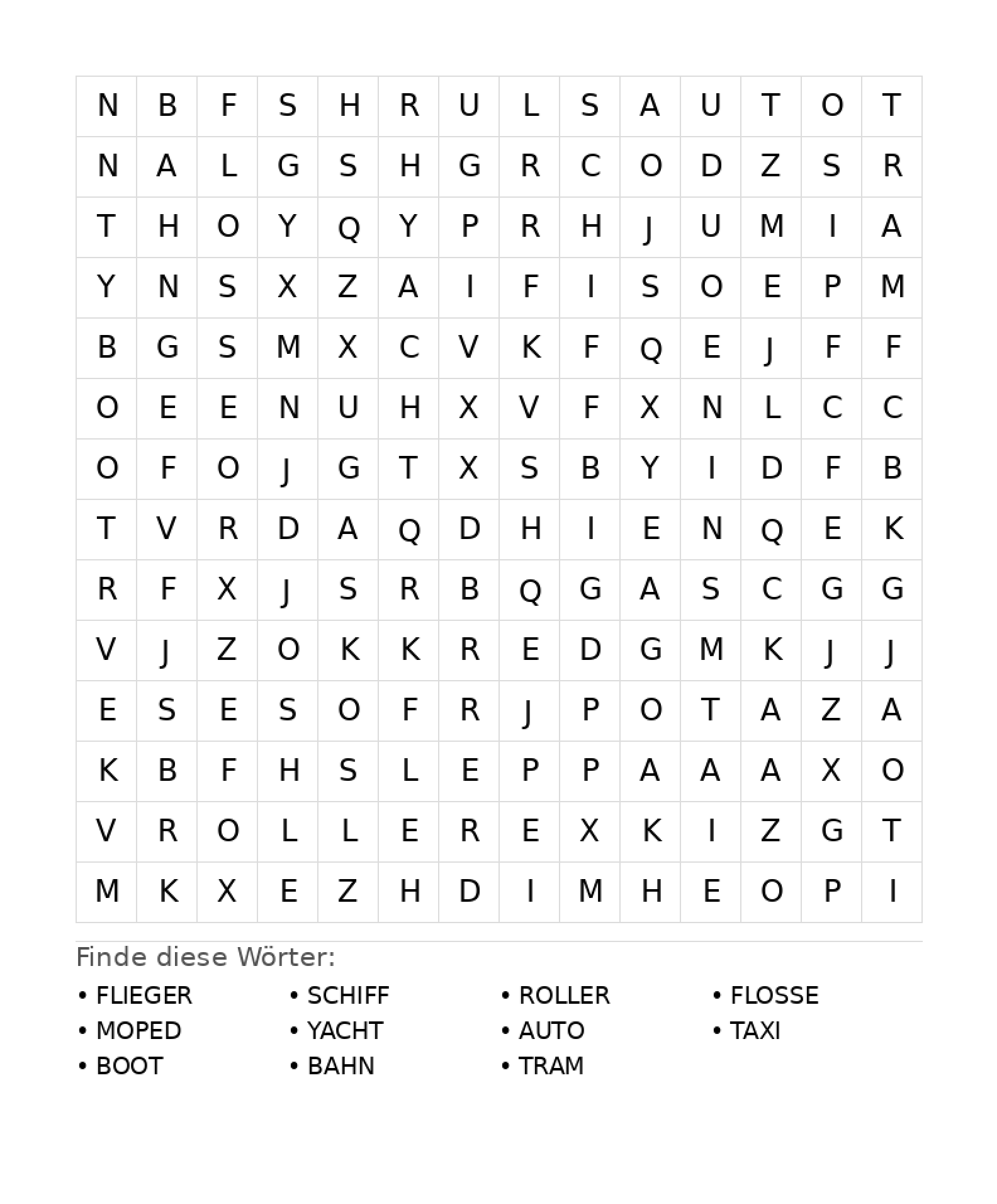 Wortsuchrätsel Wortsuchrätsel: Fahrzeuge für Teenager aus der Kategorie Wortsuchrätsel - kostenlos ausdrucken