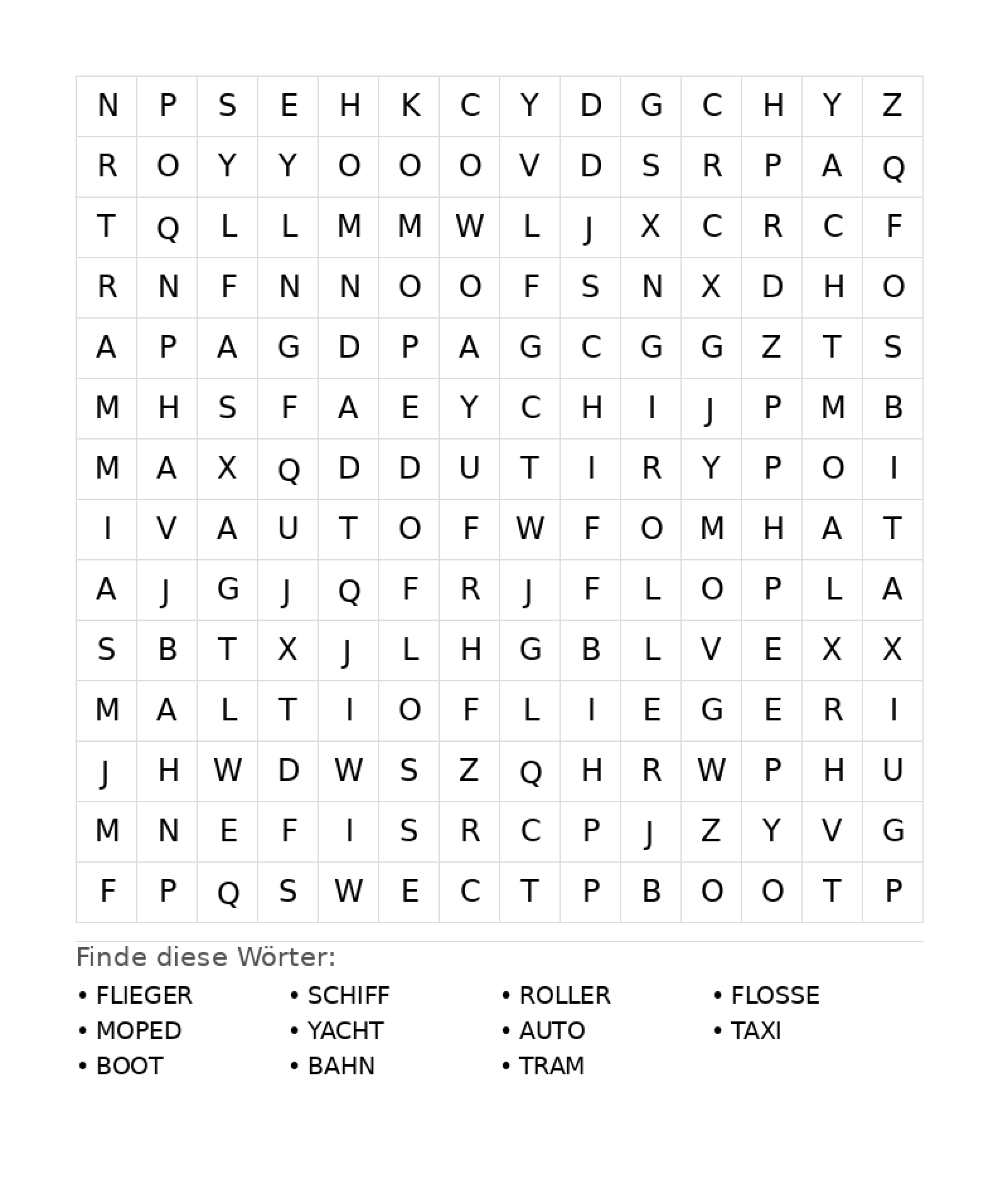 Wortsuchrätsel Wortsuchrätsel: Fahrzeuge für Teenager aus der Kategorie Wortsuchrätsel - kostenlos ausdrucken