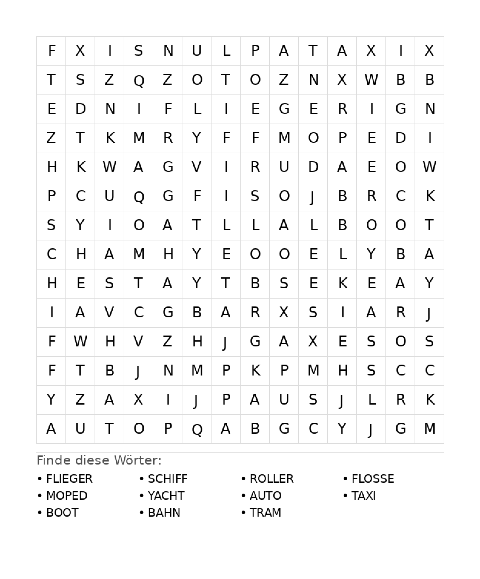 Wortsuchrätsel Wortsuchrätsel: Fahrzeuge für Teenager aus der Kategorie Wortsuchrätsel - kostenlos ausdrucken