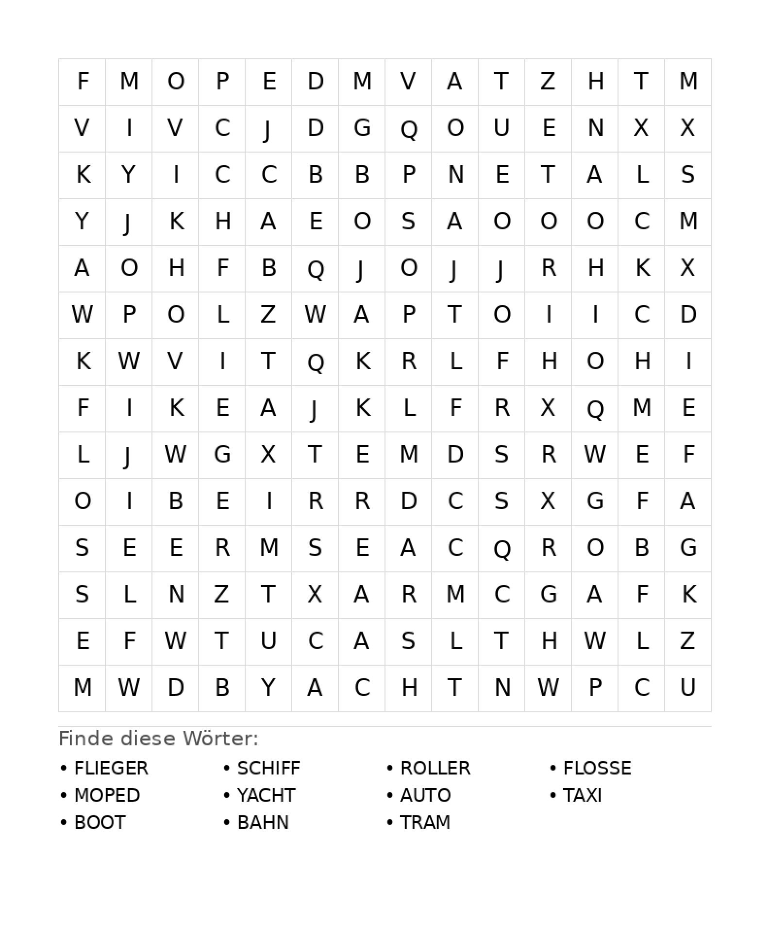 Wortsuchrätsel Wortsuchrätsel: Fahrzeuge für Teenager aus der Kategorie Wortsuchrätsel - kostenlos ausdrucken