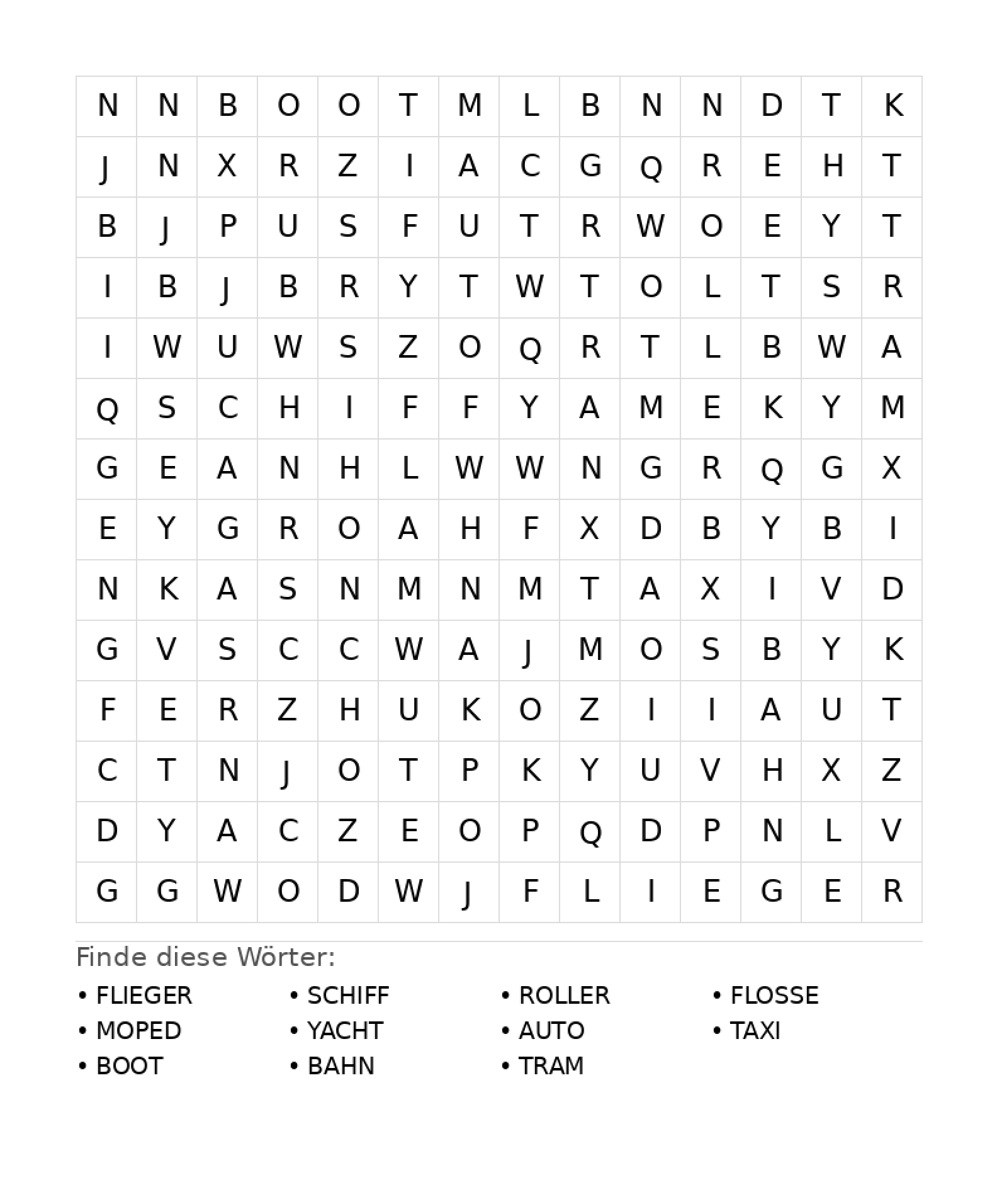 Wortsuchrätsel Wortsuchrätsel: Fahrzeuge für Teenager aus der Kategorie Wortsuchrätsel - kostenlos ausdrucken