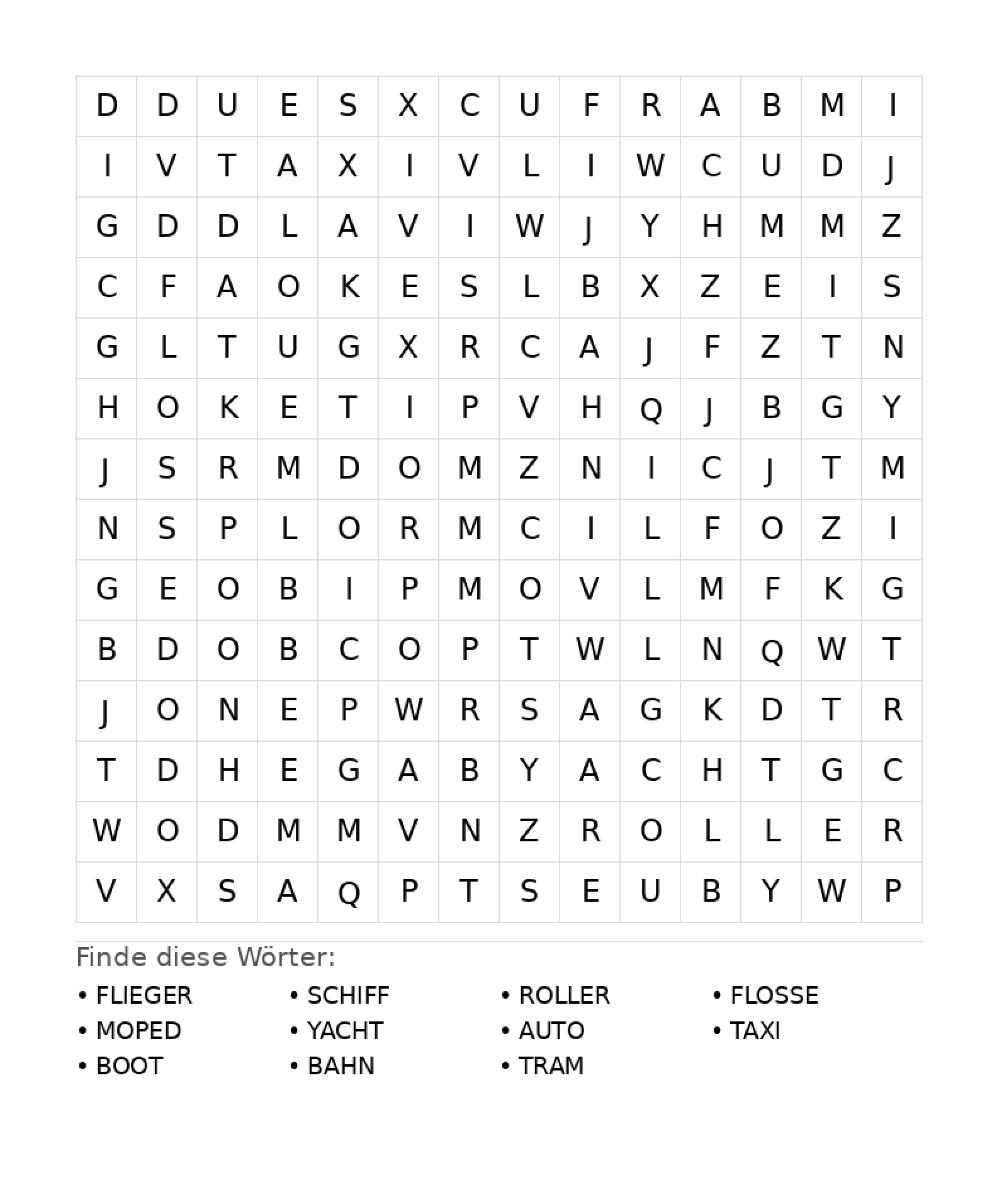Wortsuchrätsel Wortsuchrätsel: Fahrzeuge für Teenager aus der Kategorie Wortsuchrätsel - kostenlos ausdrucken