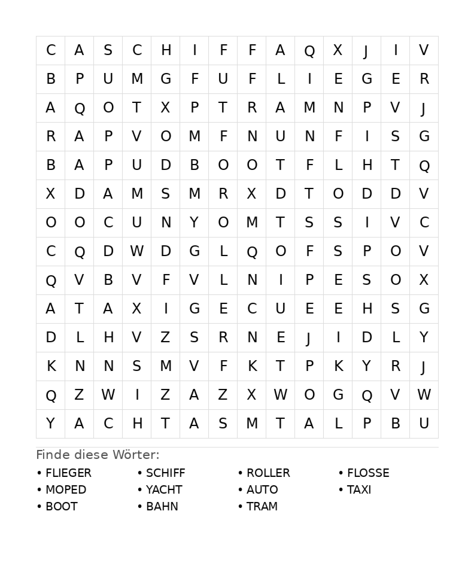 Wortsuchrätsel Wortsuchrätsel: Fahrzeuge für Teenager aus der Kategorie Wortsuchrätsel - kostenlos ausdrucken