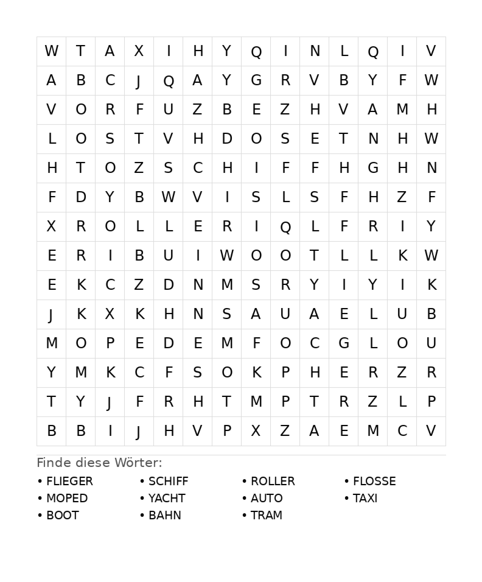 Wortsuchrätsel Wortsuchrätsel: Fahrzeuge für Teenager aus der Kategorie Wortsuchrätsel - kostenlos ausdrucken