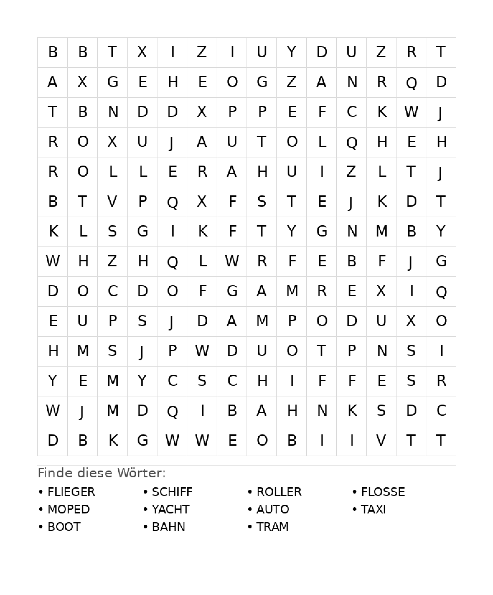 Wortsuchrätsel Wortsuchrätsel: Fahrzeuge für Teenager aus der Kategorie Wortsuchrätsel - kostenlos ausdrucken