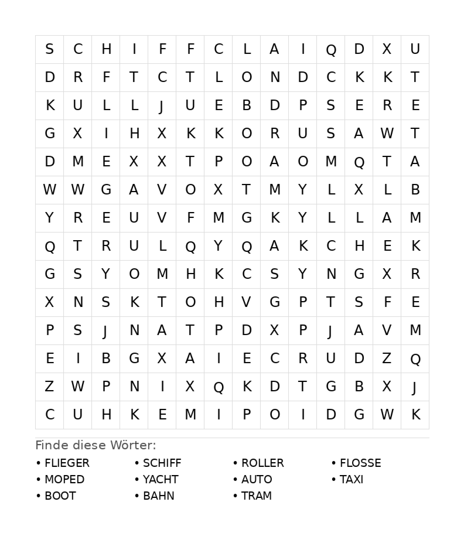 Wortsuchrätsel Wortsuchrätsel: Fahrzeuge für Teenager aus der Kategorie Wortsuchrätsel - kostenlos ausdrucken