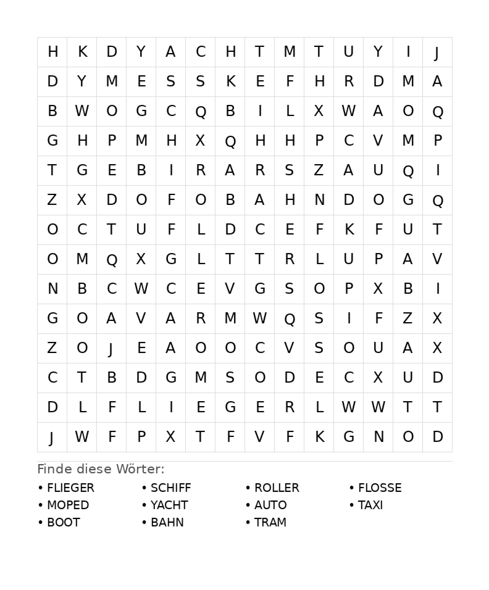 Wortsuchrätsel Wortsuchrätsel: Fahrzeuge für Teenager aus der Kategorie Wortsuchrätsel - kostenlos ausdrucken