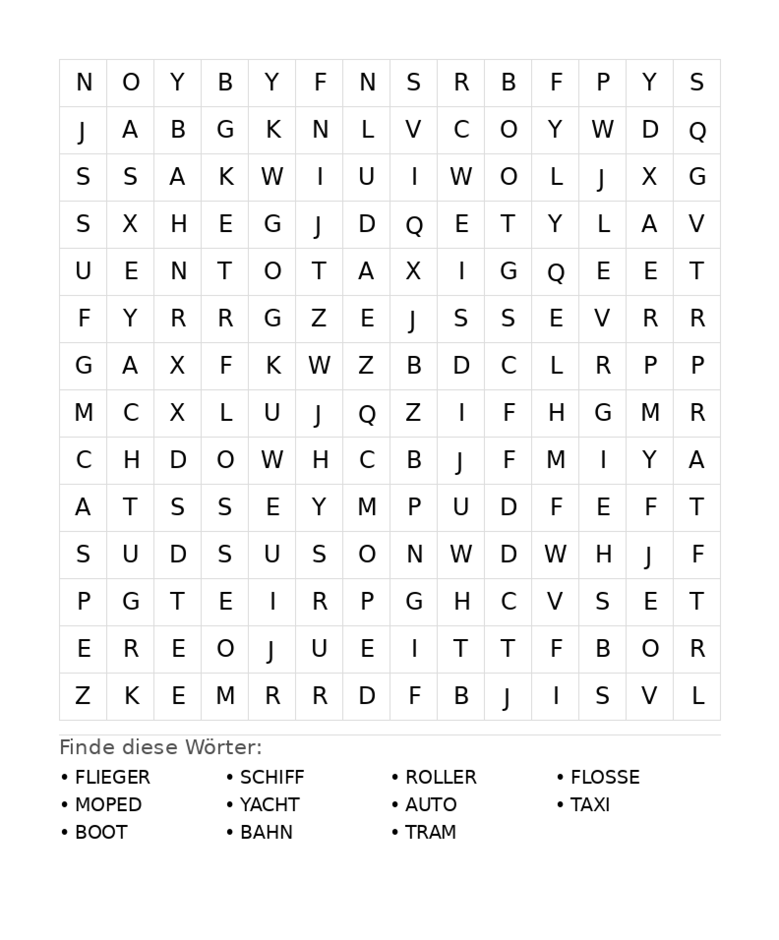 Wortsuchrätsel Wortsuchrätsel: Fahrzeuge für Teenager aus der Kategorie Wortsuchrätsel - kostenlos ausdrucken