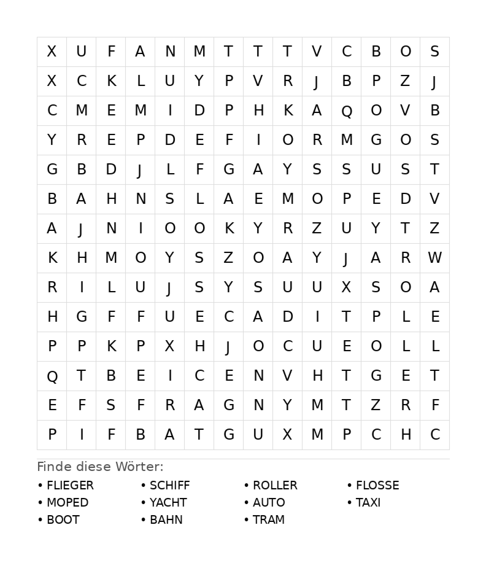 Wortsuchrätsel Wortsuchrätsel: Fahrzeuge für Teenager aus der Kategorie Wortsuchrätsel - kostenlos ausdrucken
