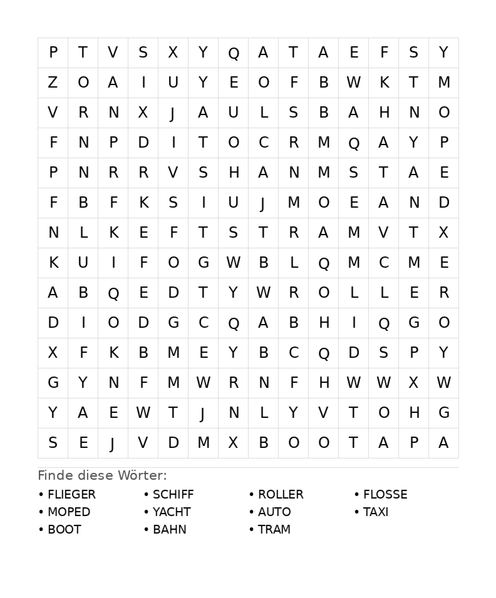 Wortsuchrätsel Wortsuchrätsel: Fahrzeuge für Teenager aus der Kategorie Wortsuchrätsel - kostenlos ausdrucken