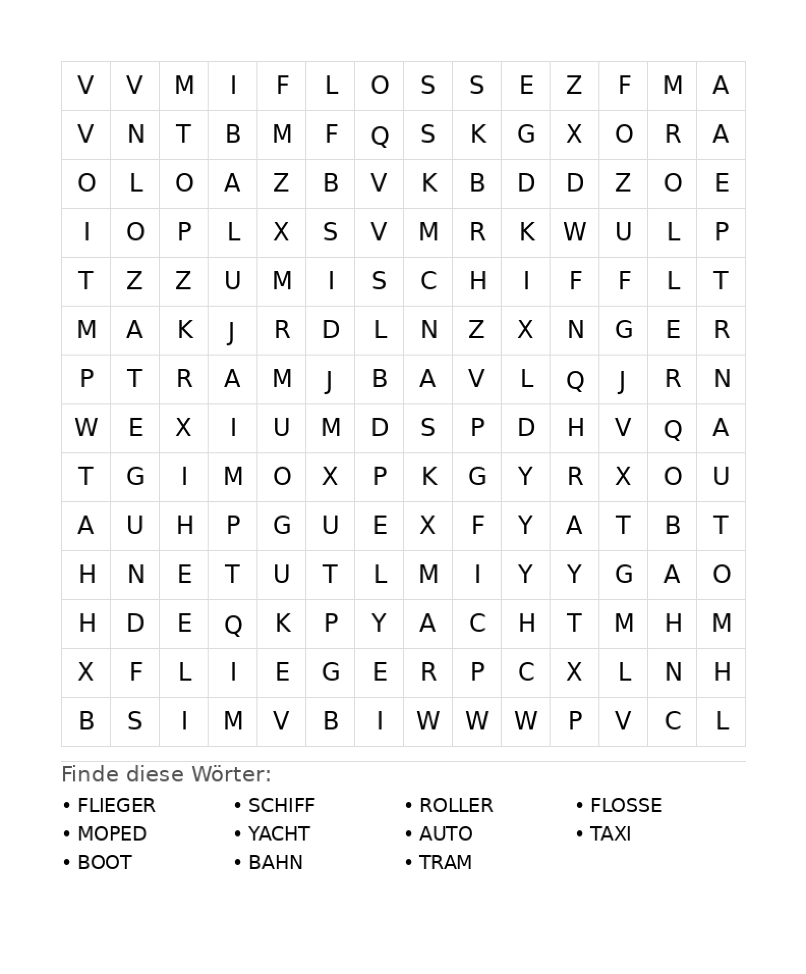 Wortsuchrätsel Wortsuchrätsel: Fahrzeuge für Teenager aus der Kategorie Wortsuchrätsel - kostenlos ausdrucken