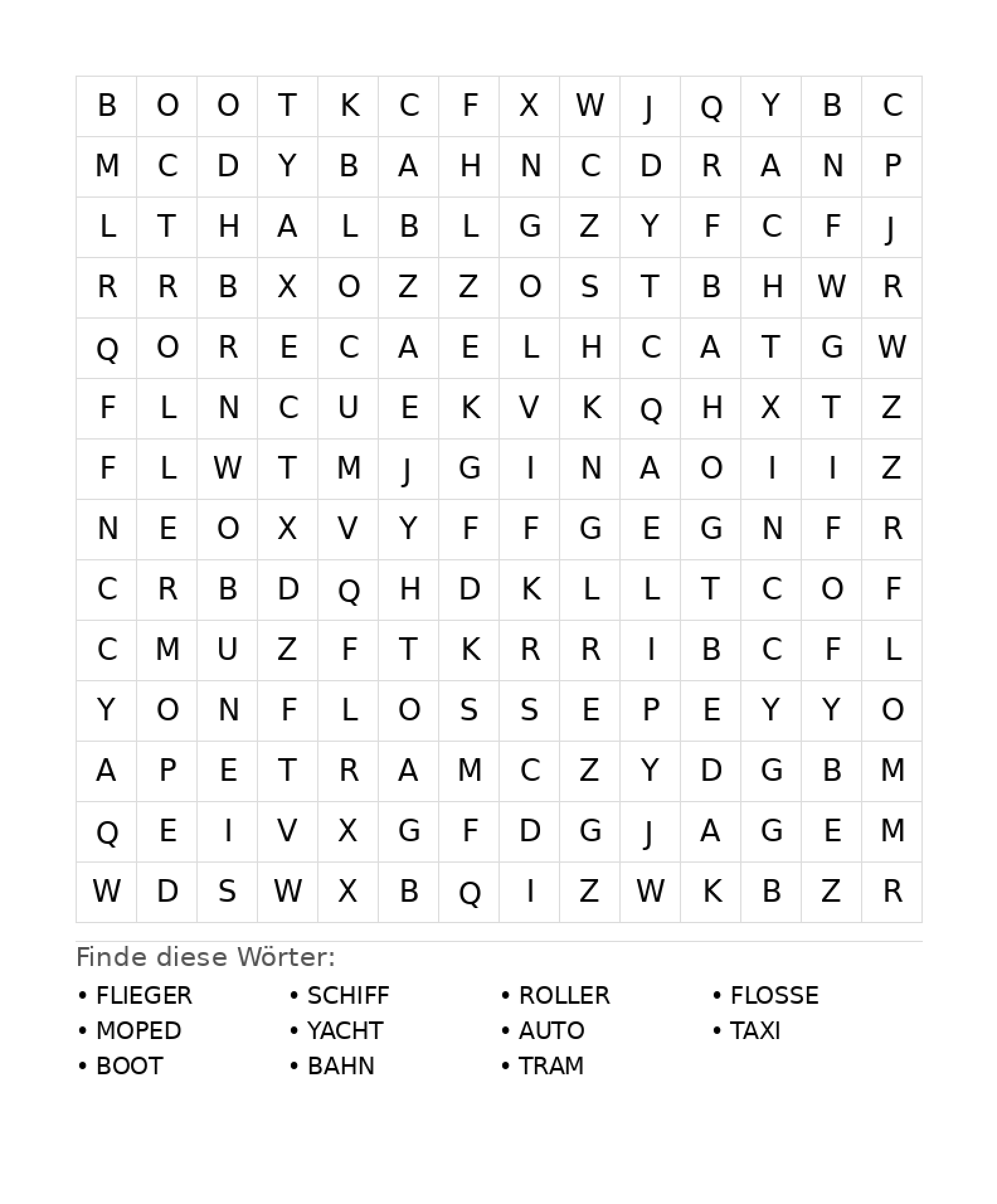 Wortsuchrätsel Wortsuchrätsel: Fahrzeuge für Teenager aus der Kategorie Wortsuchrätsel - kostenlos ausdrucken
