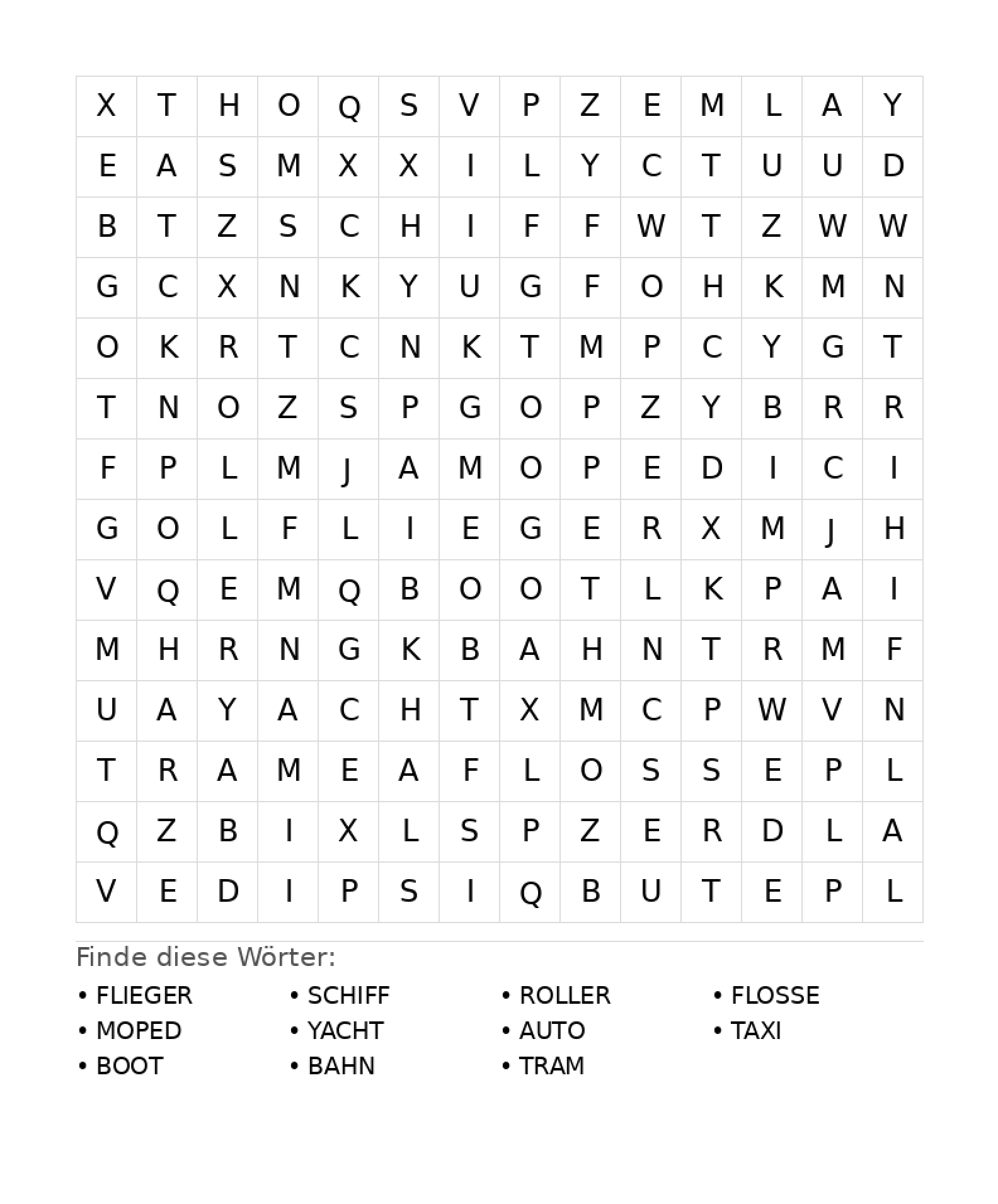 Wortsuchrätsel Wortsuchrätsel: Fahrzeuge für Teenager aus der Kategorie Wortsuchrätsel - kostenlos ausdrucken