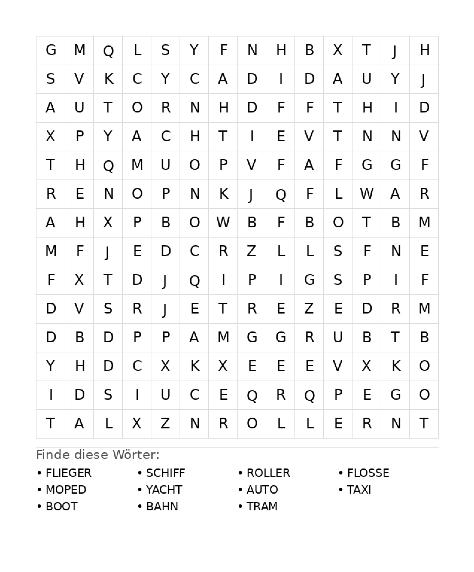 Wortsuchrätsel Wortsuchrätsel: Fahrzeuge für Teenager aus der Kategorie Wortsuchrätsel - kostenlos ausdrucken