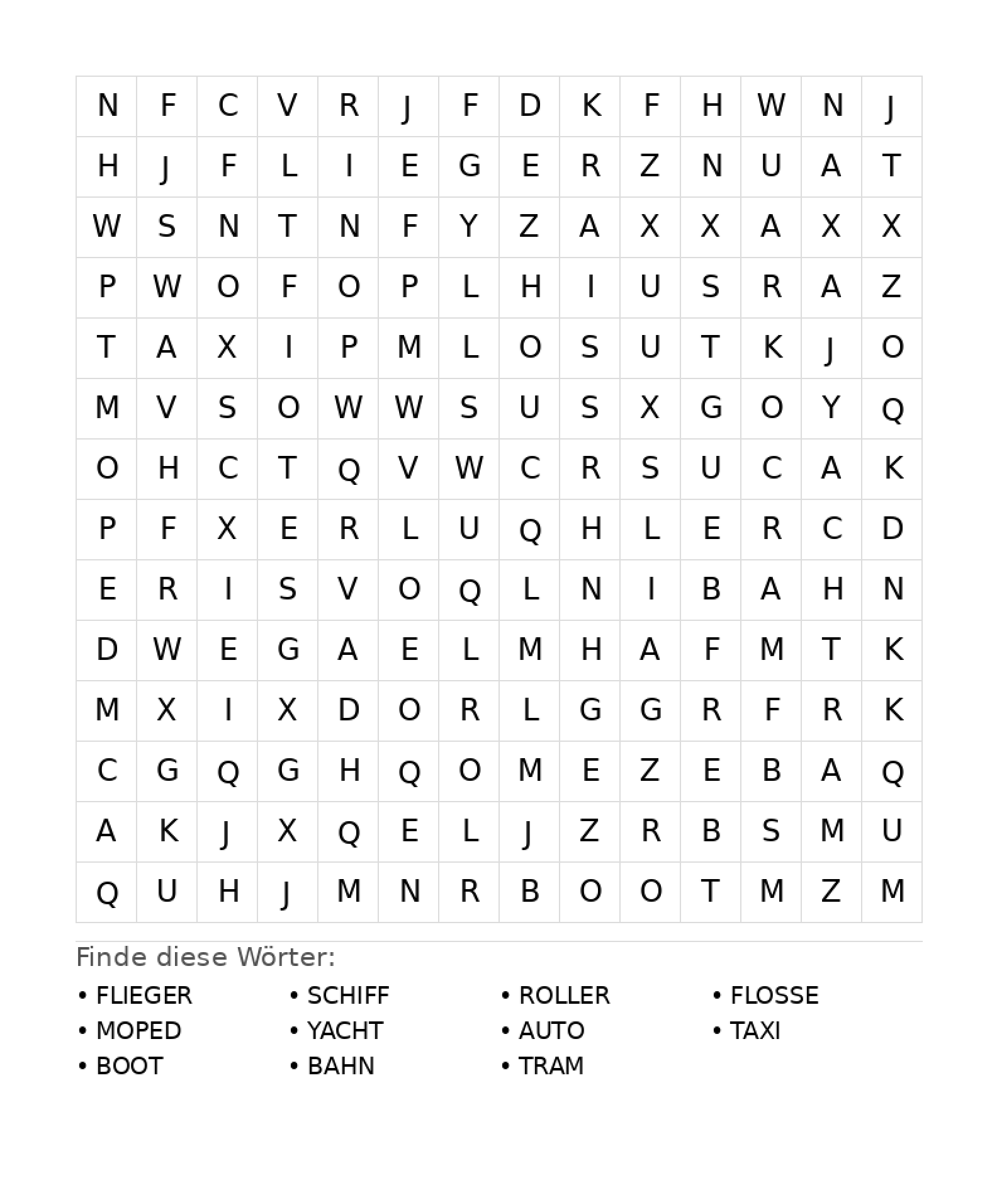 Wortsuchrätsel Wortsuchrätsel: Fahrzeuge für Teenager aus der Kategorie Wortsuchrätsel - kostenlos ausdrucken